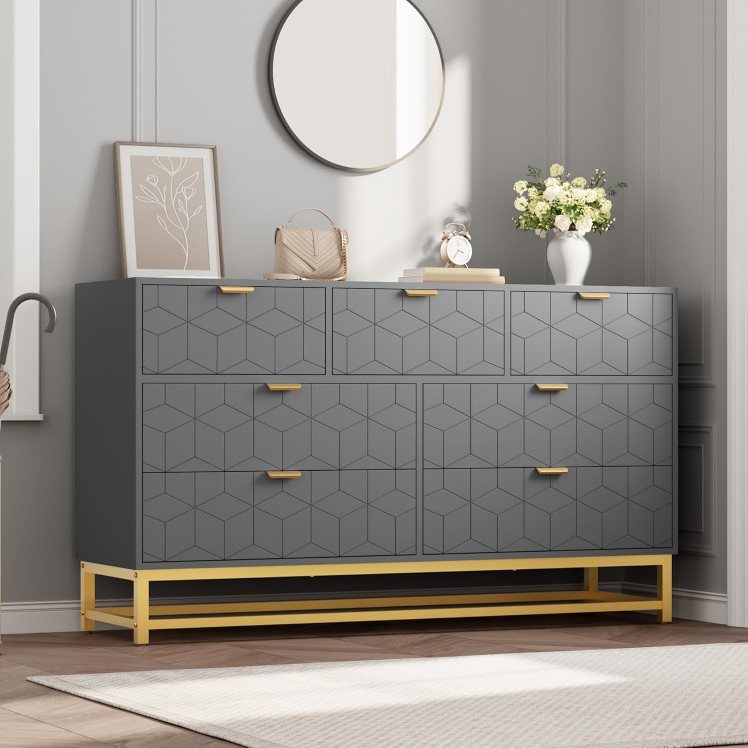 Qeetex YJCJ-PHO-34A9CFKR Modern 7 Drawer Dresser  Wide Chest with Gold Metal Legs and Handles  Wood Storage Organizer for Bedroom  Living Room  Hallway  Grey
