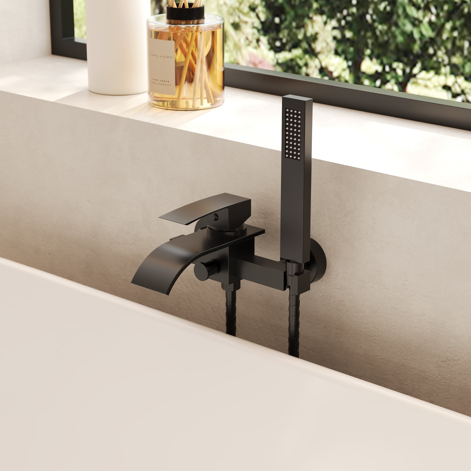YAWWALK Matte Black  Wall Mount Waterfall Bathtub Faucet with Hand Shower Solid Brass Tub Filler