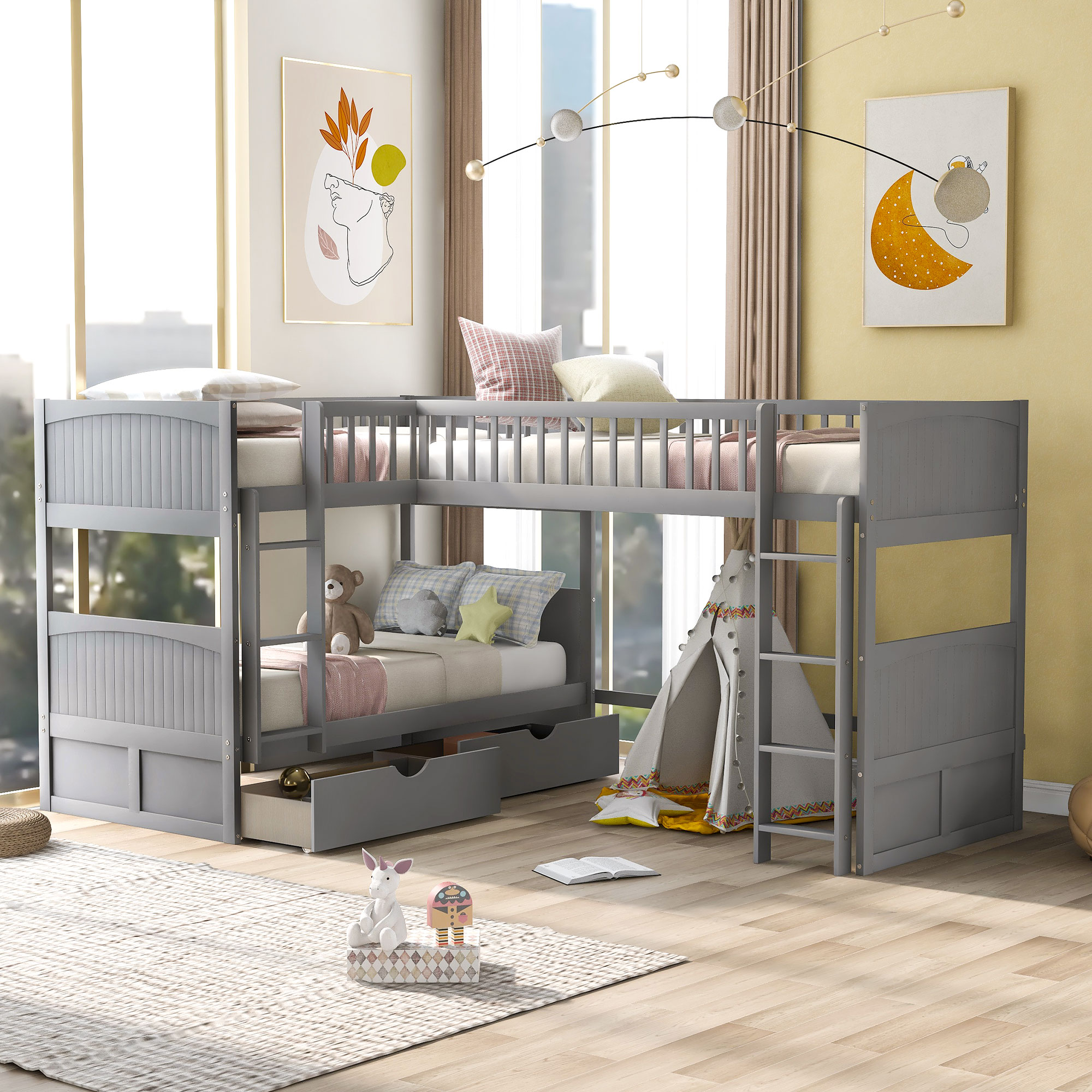 ModernLuxe SM000232AAE-1 Twin Size Bunk Bed with a Loft Bed attached with Two DrawersGray