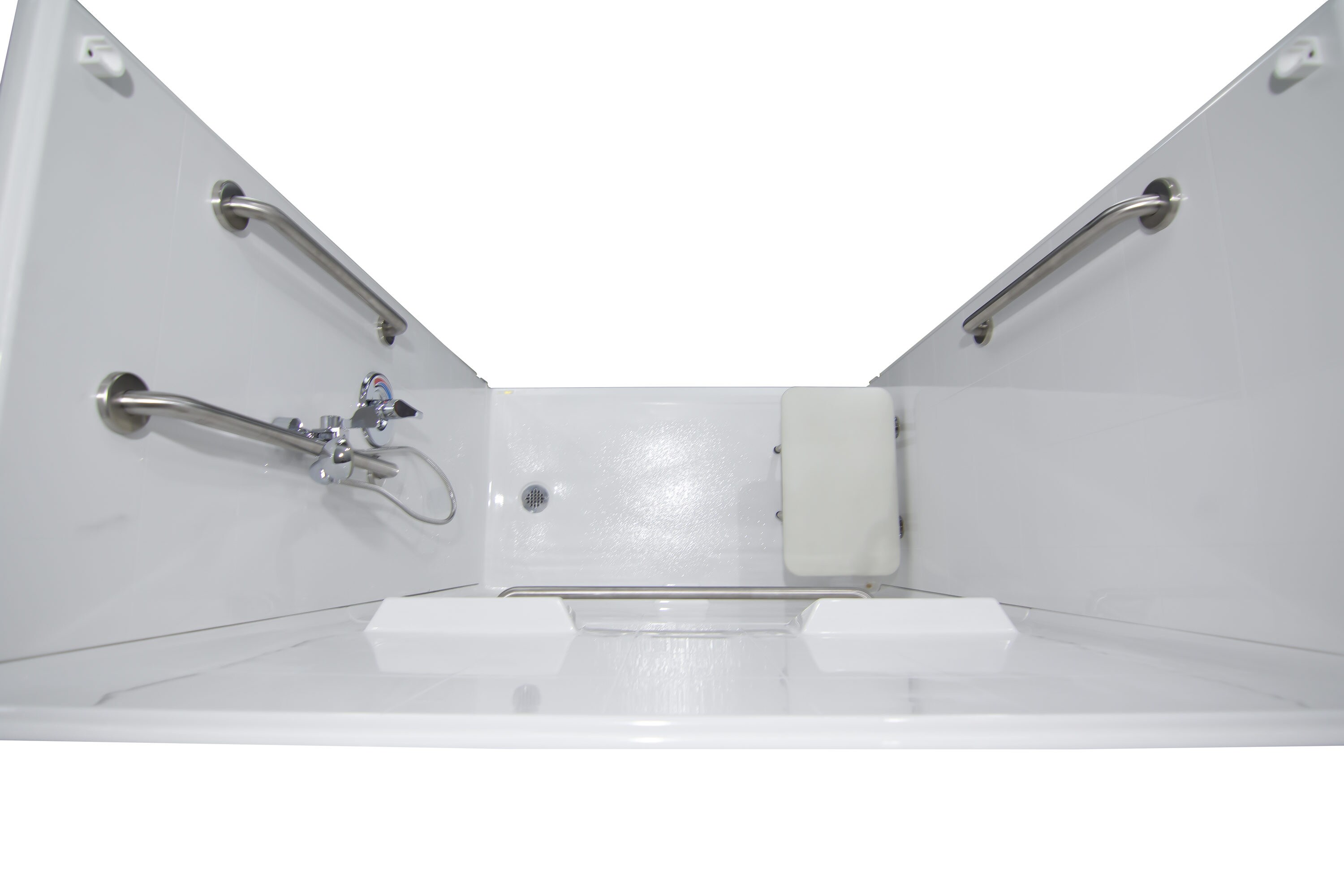 Laurel Mountain Whitwell ADA Roll-In Zero Threshold- Barrier Free White 33-in  x 62-in x 78-in One-piece Shower Kit (Center Drain) with Folding Seat, Base,  Wall and Drain Included in the Shower Stalls