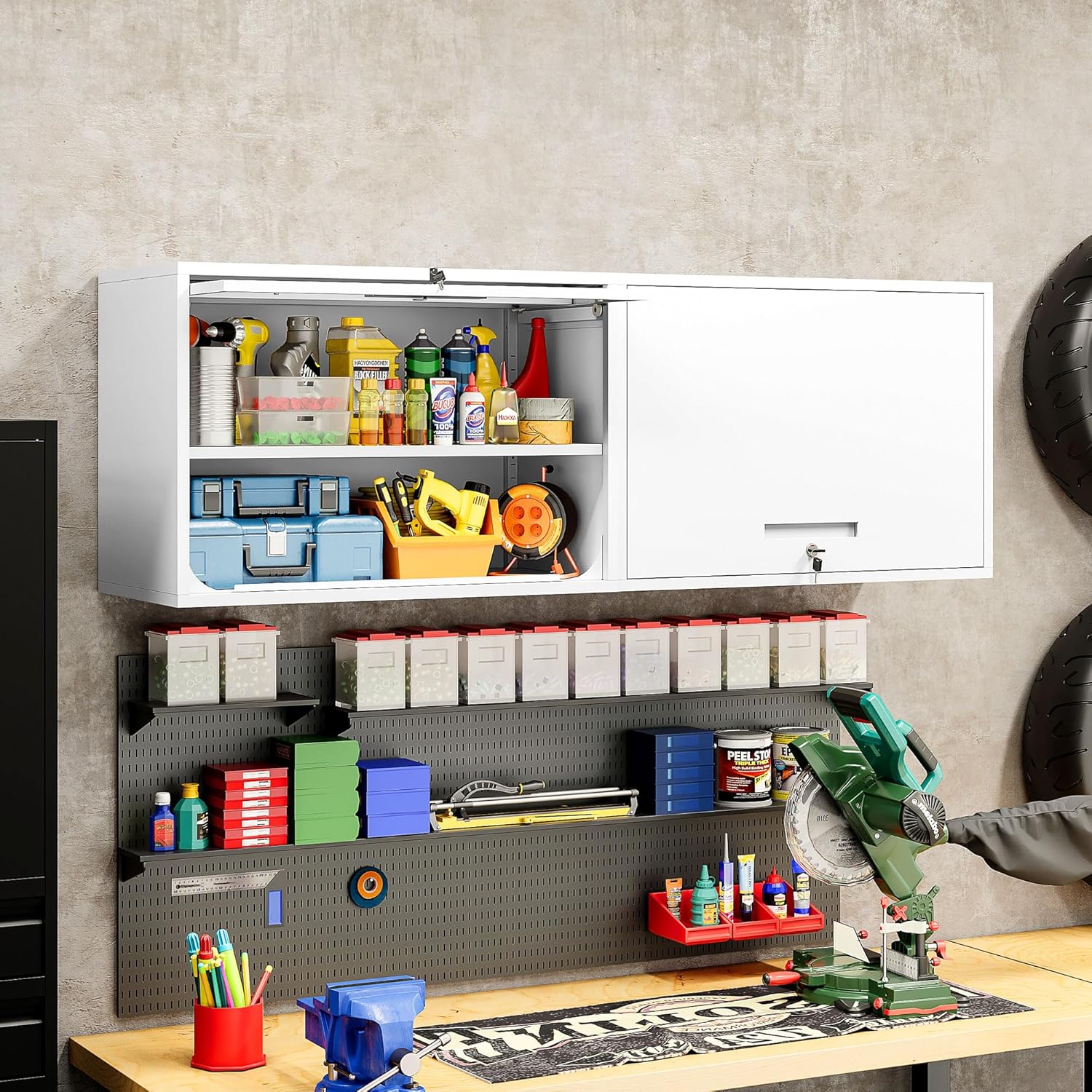 Letaya  Metal Wall Storage Cabinet with Up Flip Door 21.6 H Mounted Storage Cabinet with Lock 1 Shelf Garage Storage White Floating Tool Cabinet for Garage Basement Kitchen Warehouse