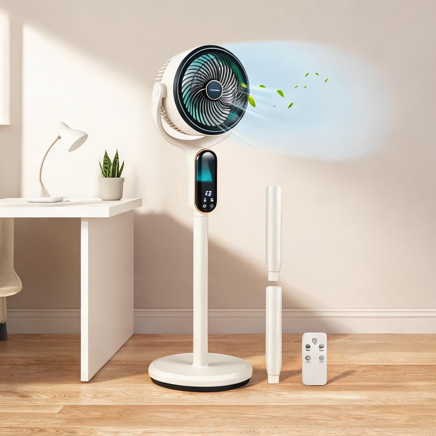Watnature Remote-operated pedestal fan with 8 speeds 12-inch round head adjustable height black plastic finish