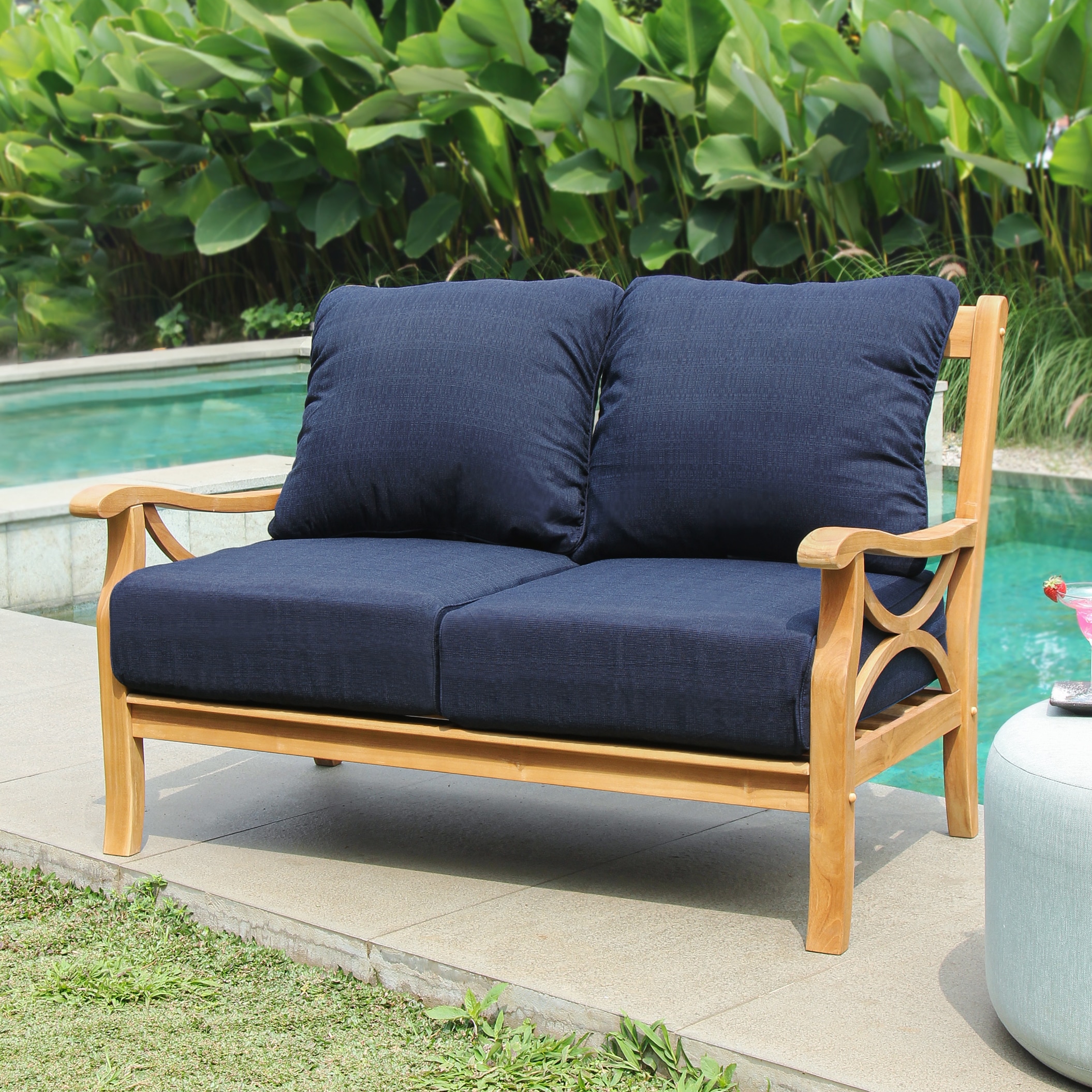 Cambridge Casual 140959-TW-XX-NV-XX Chester Outdoor Loveseat with Navy Cushions and Teak Frame