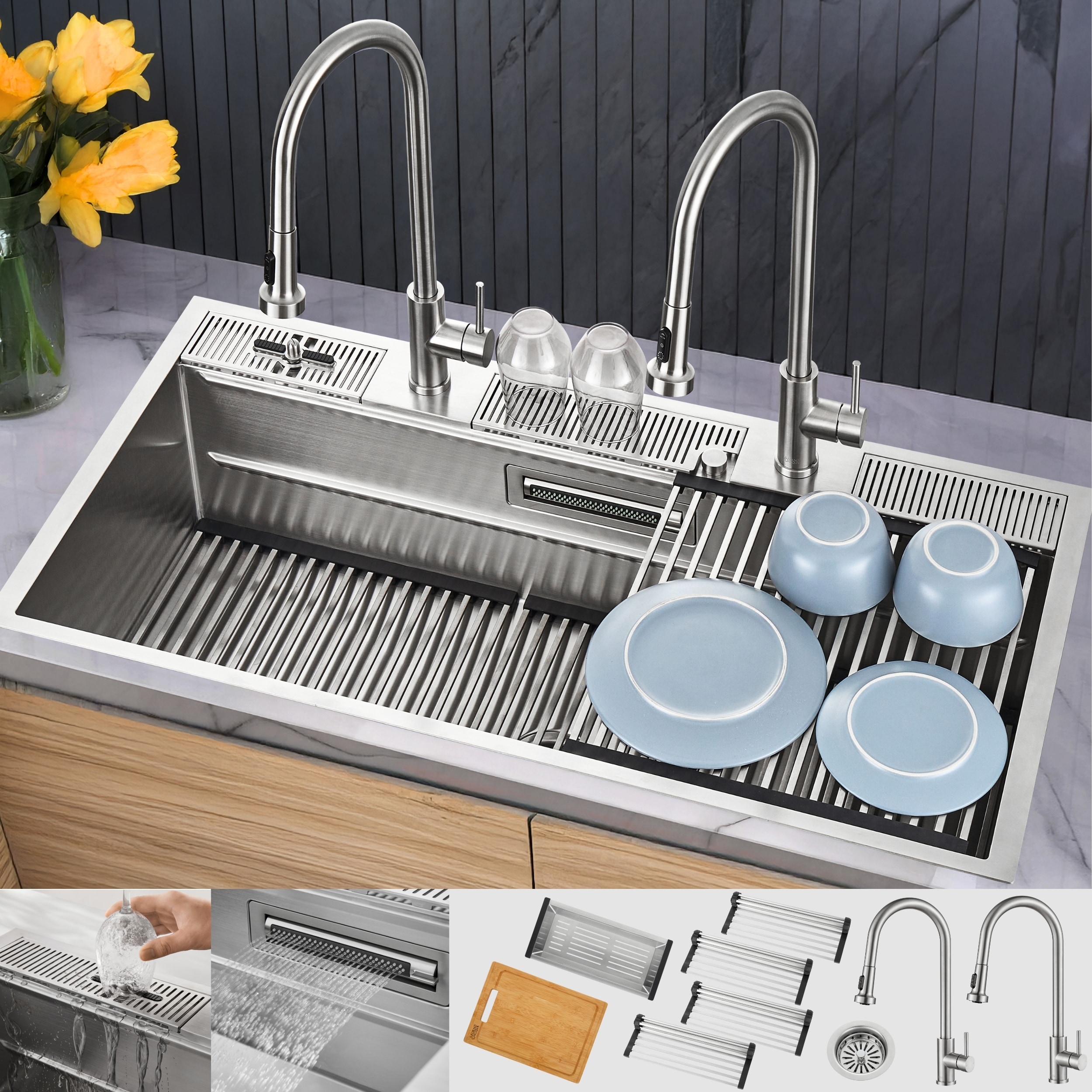 FORNO ACQUA 45Pro XL (Waterfall Glass Rinser) Drop-in or undermount 45-in x 18.5-in Stainless steel Single bowl 18 -Gauge Workstation Kitchen Sink All-in-One Kit with Drainboard