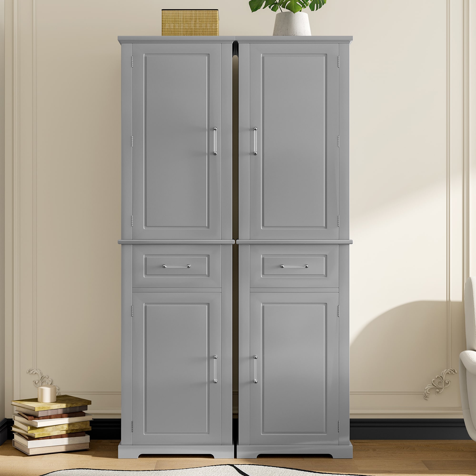 GDFStudio Aspen 72.1-inch Tall Modern Freestanding Bathroom Storage Cabinet Set with 4 Doors Adjustable Shelves + 3-Tier Storage Rack and Slide Drawer Storage for Multifunctional Indoor Use - Grey
