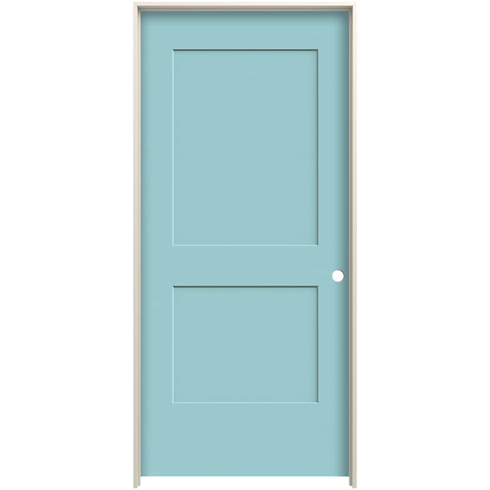 JELD-WEN LOWOLJW226100278 32-in x 80-in Caribbean Blue Solid Core 2-panel Square Left Hand Smooth Prefinished Molded Composite Flat Jamb Single Prehung Interior Door