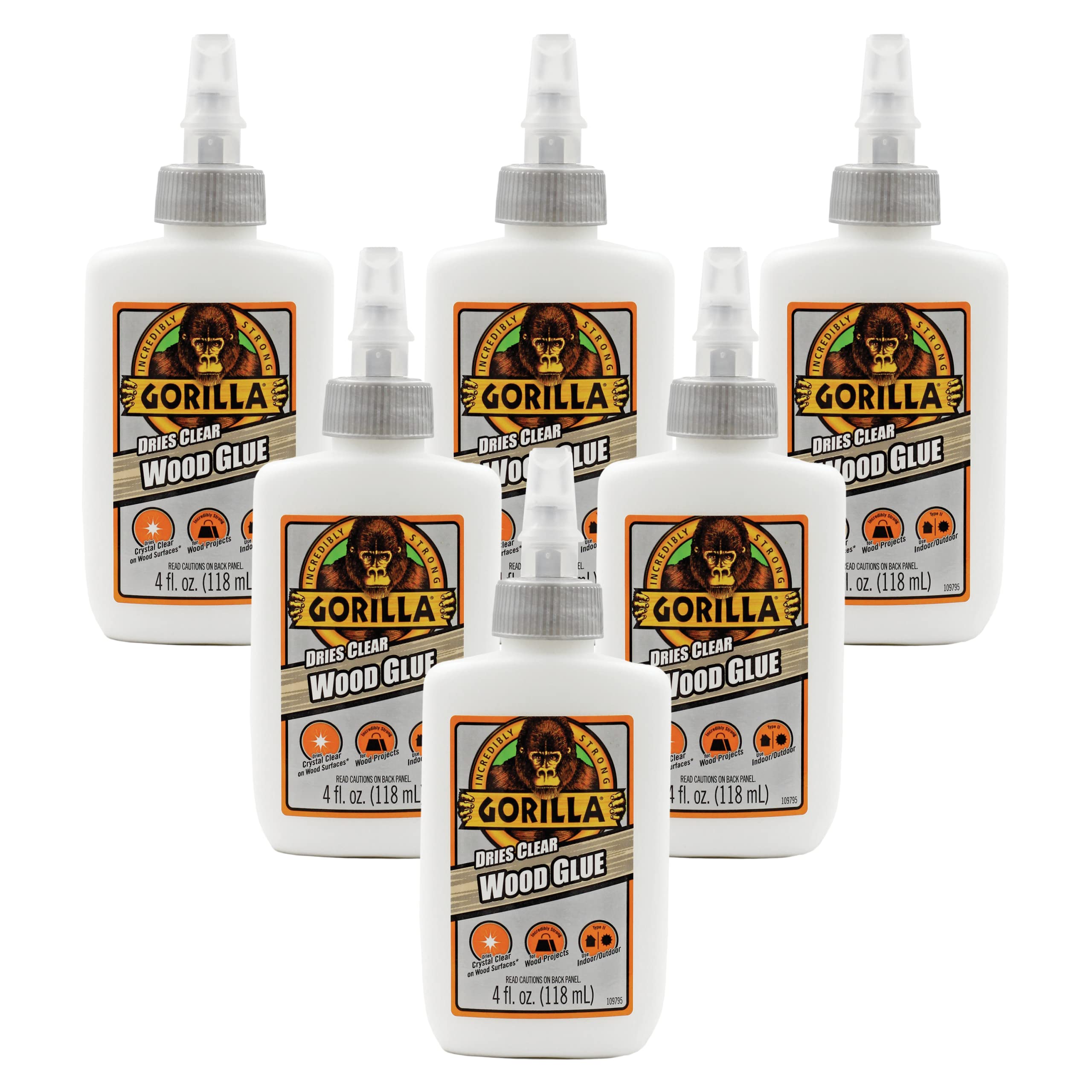 Gorilla  Dries Clear Wood Glue - 4 Ounce Bottle (Pack of 6) - Water Resistant for Indoor and Outdoor Use