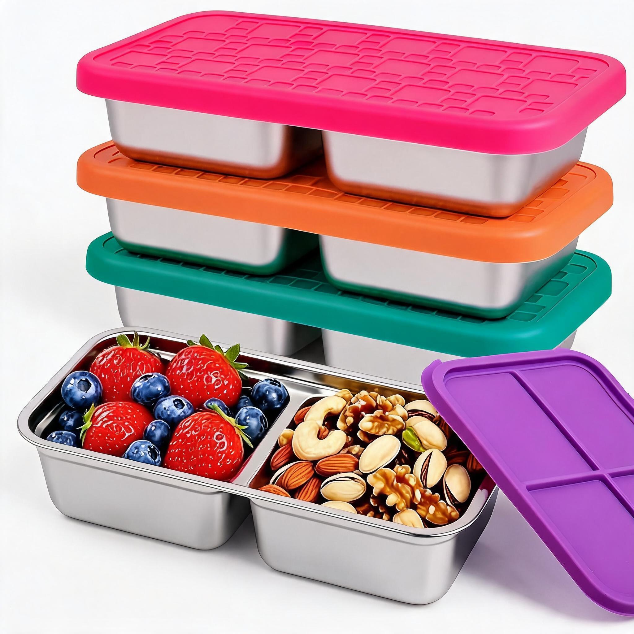 Garvee Set of 8 Divided Stainless Steel Snack Boxes 2 Section Reusable Food Containers 2 Pieces Each in Purple Pink Orange Green Portable Snack Storage with Colored Lids