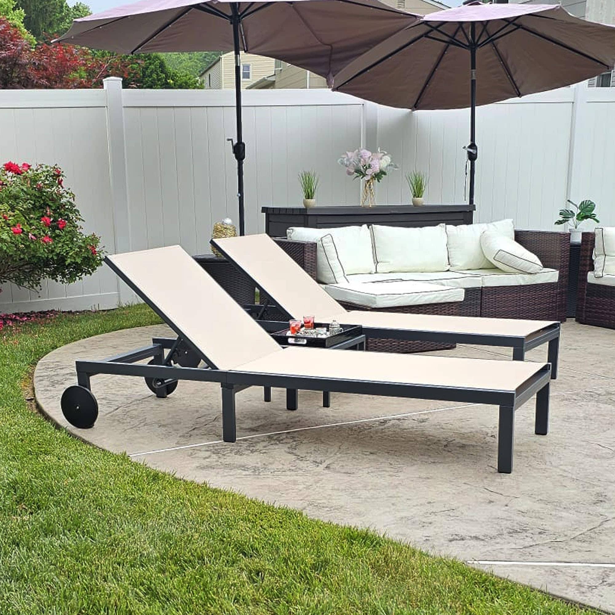 PURPLE LEAF Chaise lounge Set of 2 Woven Aluminum Frame Stationary Chaise Lounge Chair with Gray Woven Seat