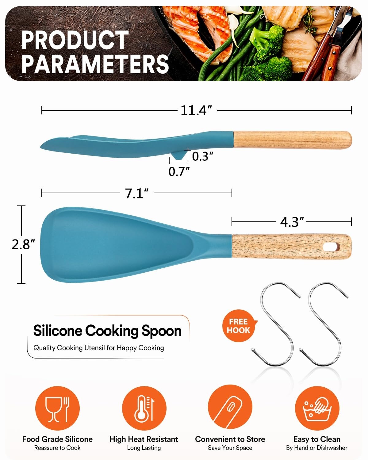 Etokfoks Khaki and Turquoise Matte Silicone Cooking Spoon with Wood ...