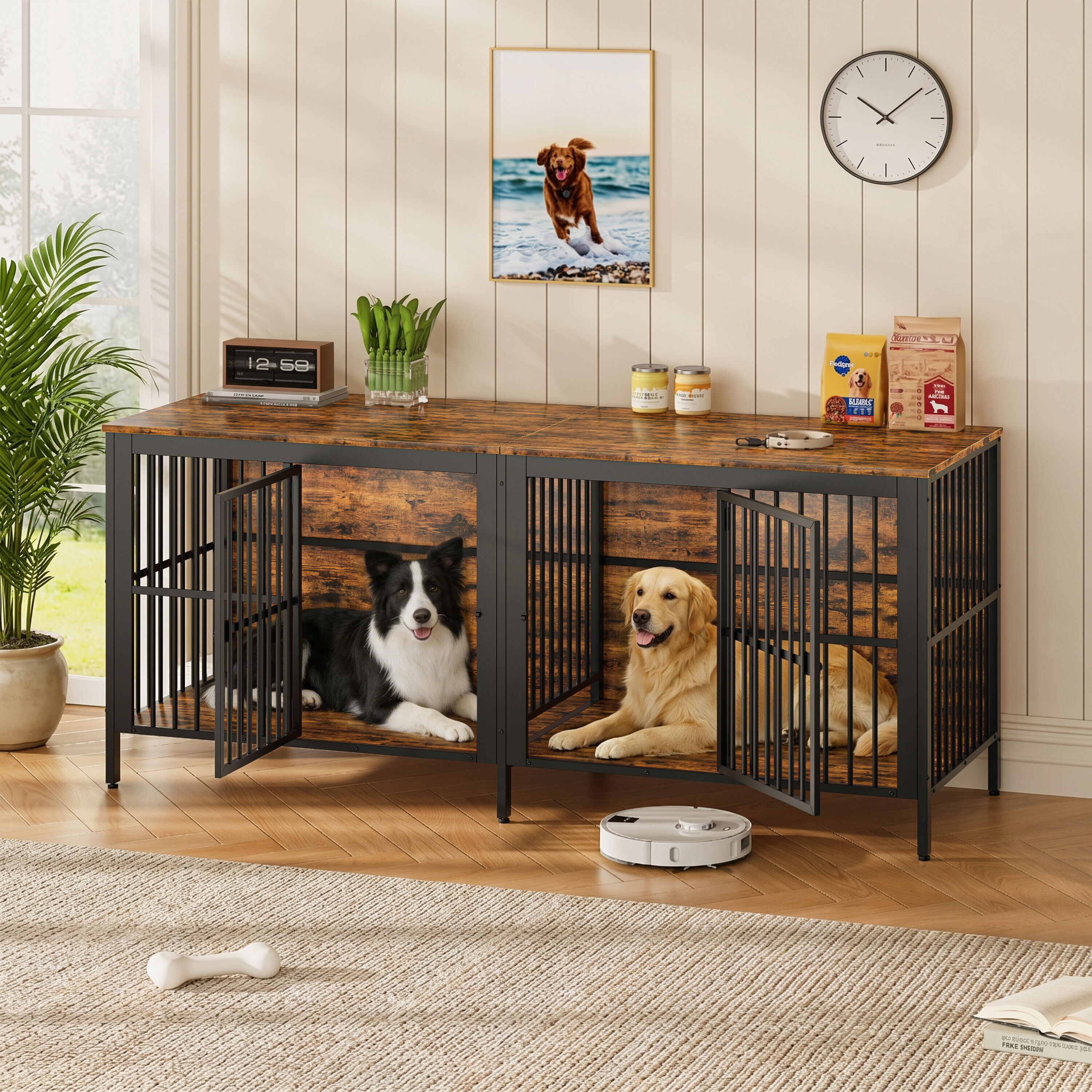 JUSHUA - Rustic brown heavy duty two door indoor dog kennel sized 80 Inches doubles as end table ...
