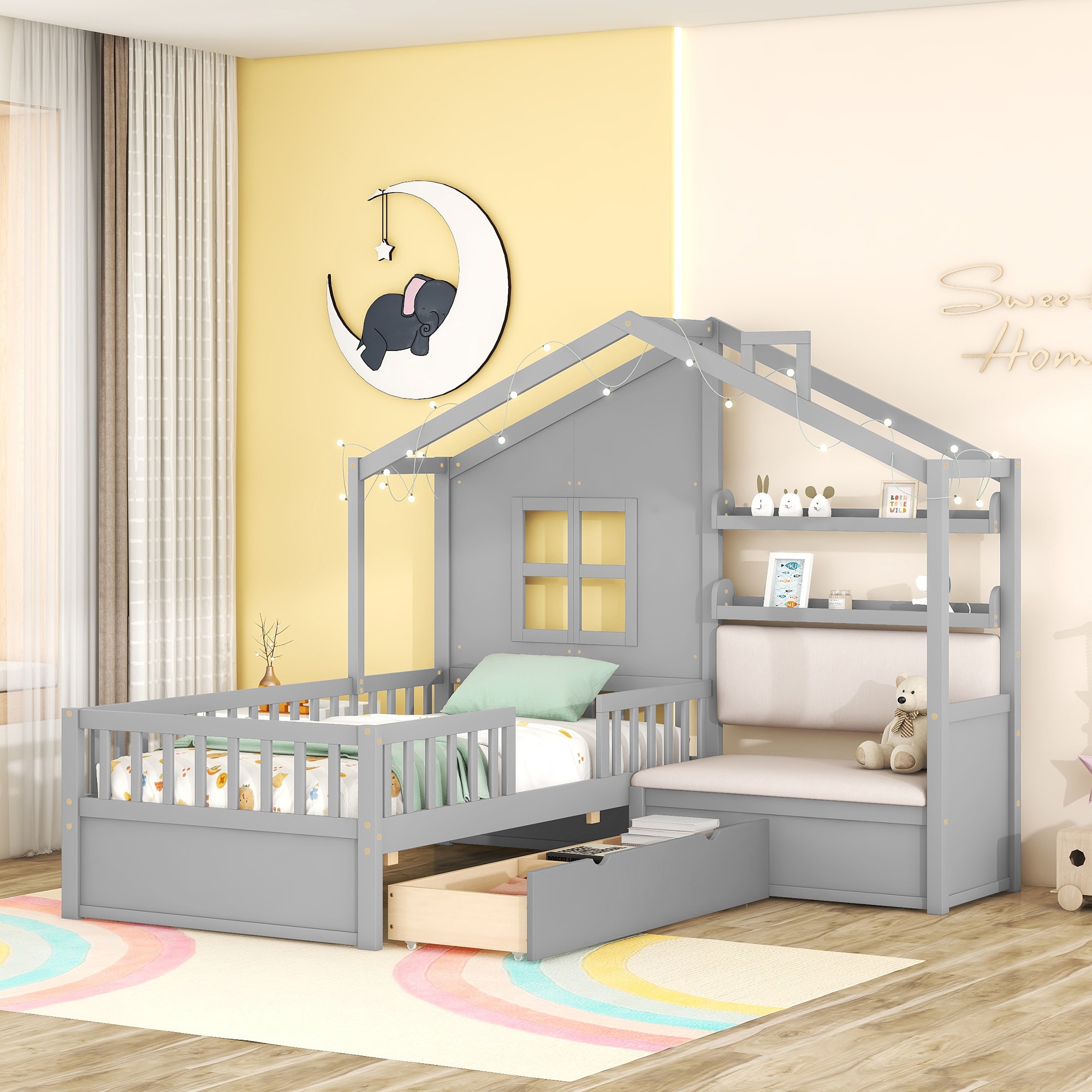 LOVMOR - Twin Size House Bed with Sofa Kids Platform Bed with Two Drawers and Storage Shelf Gray