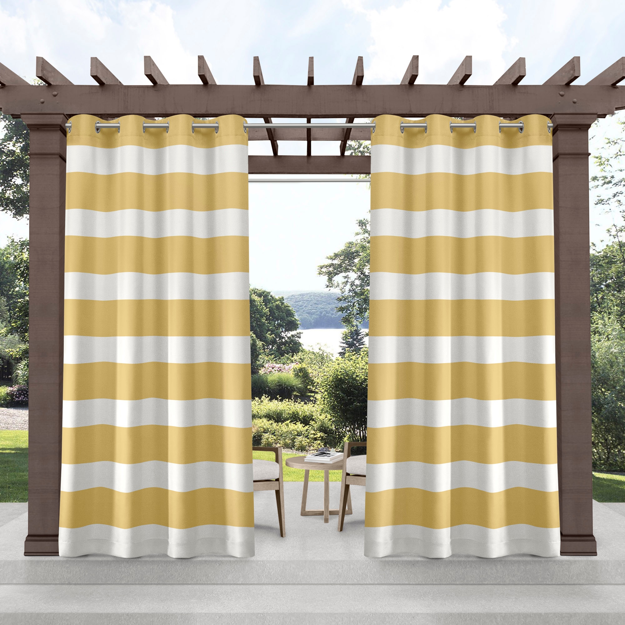 Exclusive Home YA013549DSEHF1 A265 108-in Outdoor Sundress Yellow Striped Light filtering Grommet Curtain panel pair