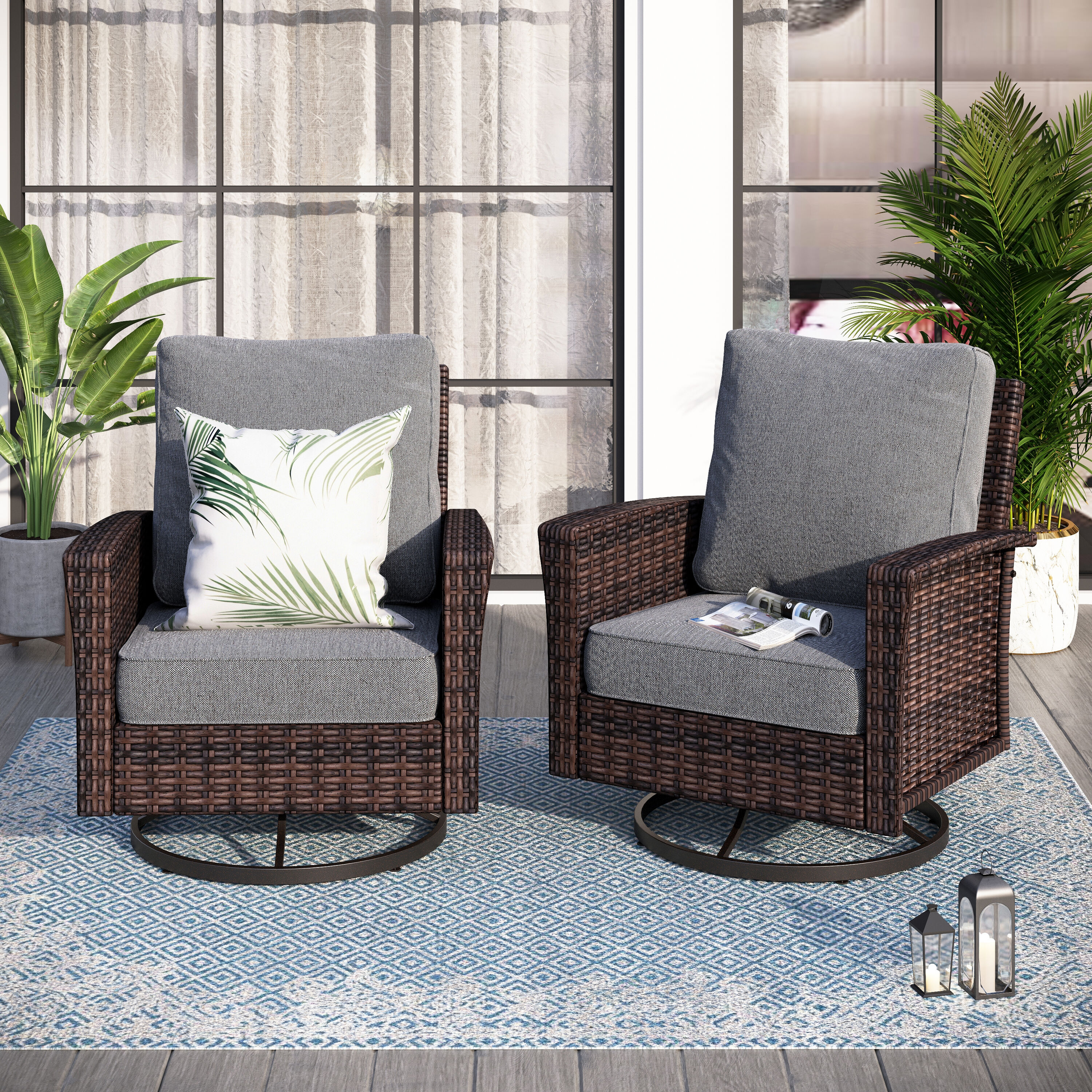 Sunshine Valley CR005-05-2-GR Patio Conversation Sets 2 -Piece Wicker Patio Conversation Set with Dark Gray CUSHION PRO Cushions