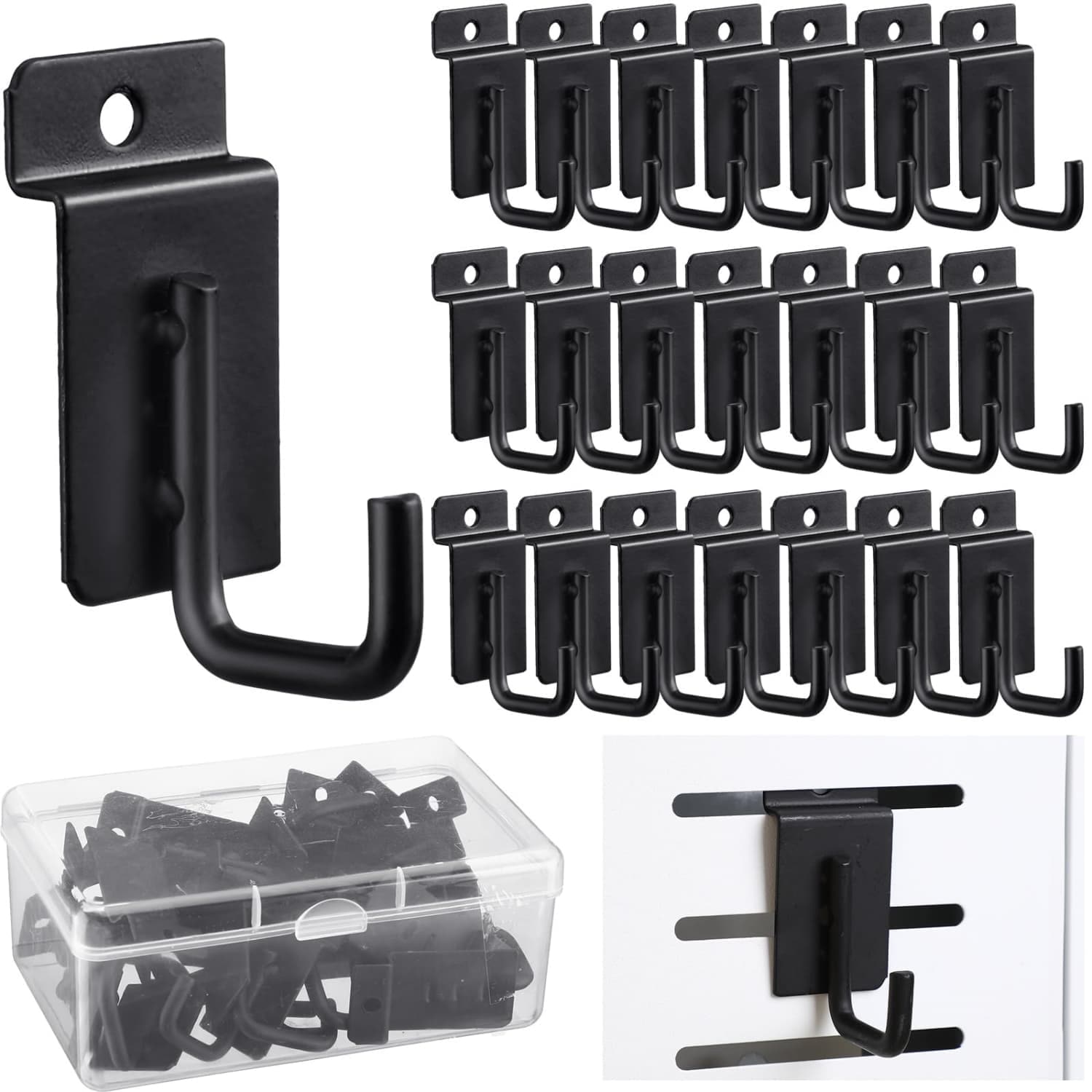 OGETFUUR 25 Pcs Slatwall Hooks J-shaped Sturdy Metal Long-lasting Durable Corrosion Resistant Breakage Proof Easy Slot-in for Garage Retail Shop Slat Wall Hanging Hooks
