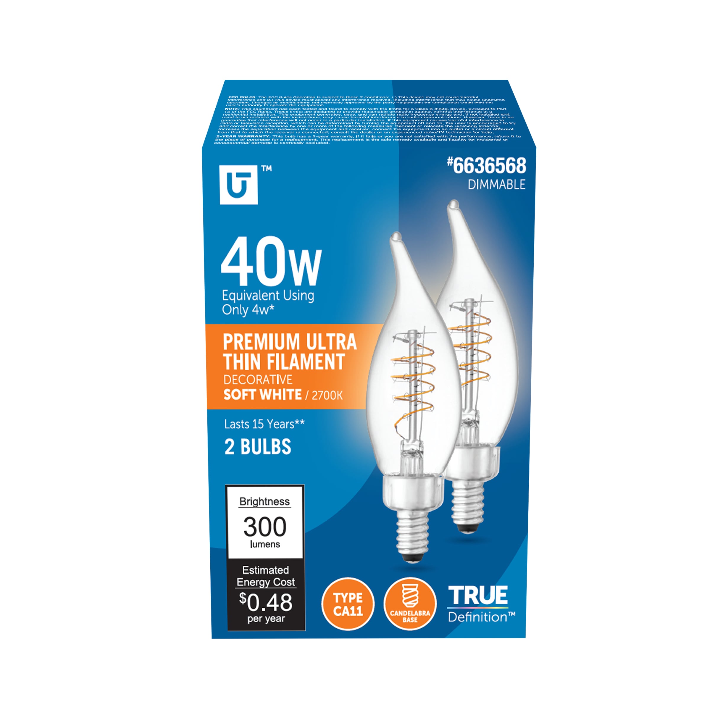 Utilitech 16C31-CA11CC4W-S-927 40 -Watt EQ CA11 Soft white Screw bases Dimmable LED General purpose Light Bulb 2 -Pack