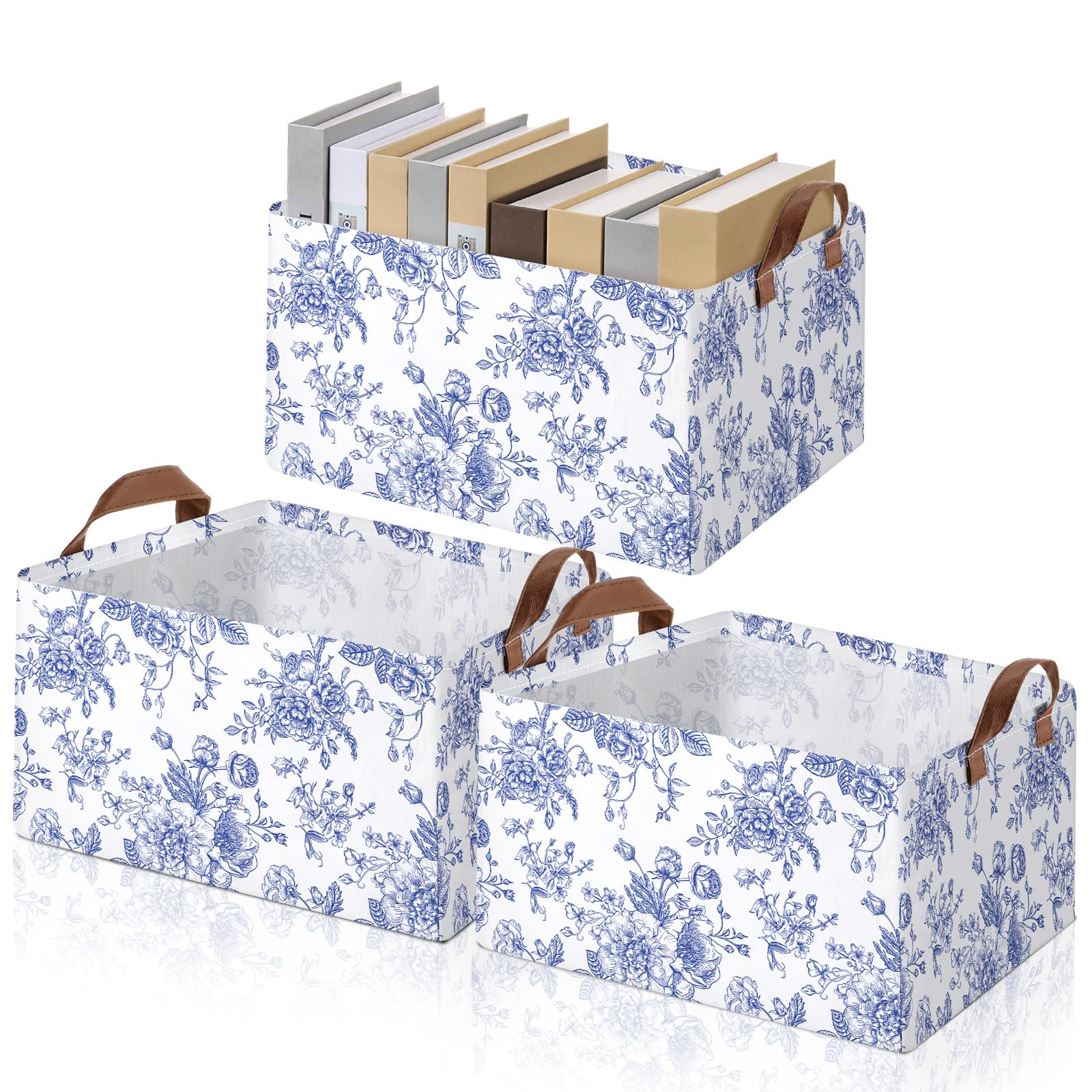 AKSCYZM Blue Floral Storage Bins Set of Three Large Collapsible Canvas Storage Baskets with Handles for Home Office Bedroom