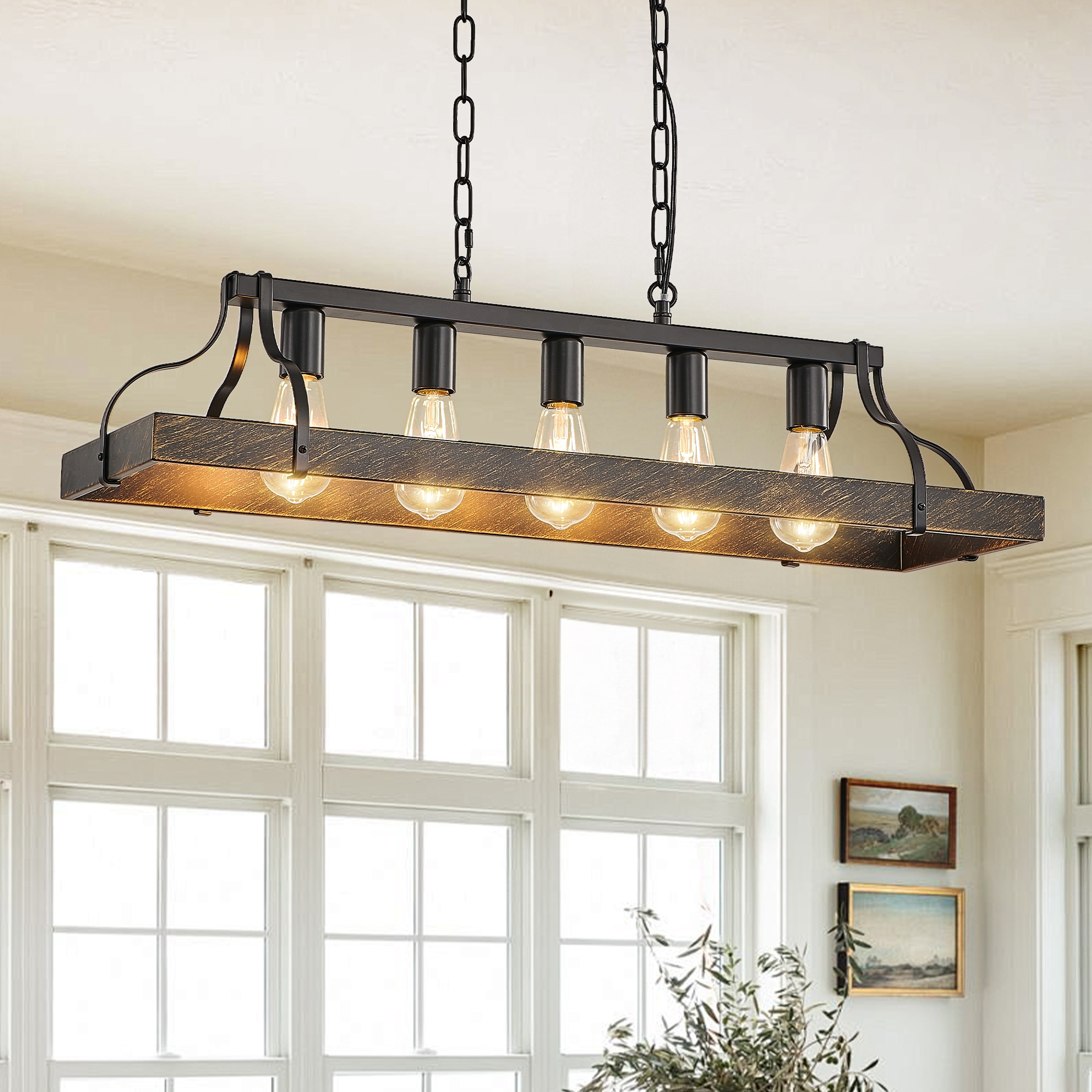 CALVON Ceiling 5 -Light Black + Gold Vintage Metal Square Hanging Pendant Light