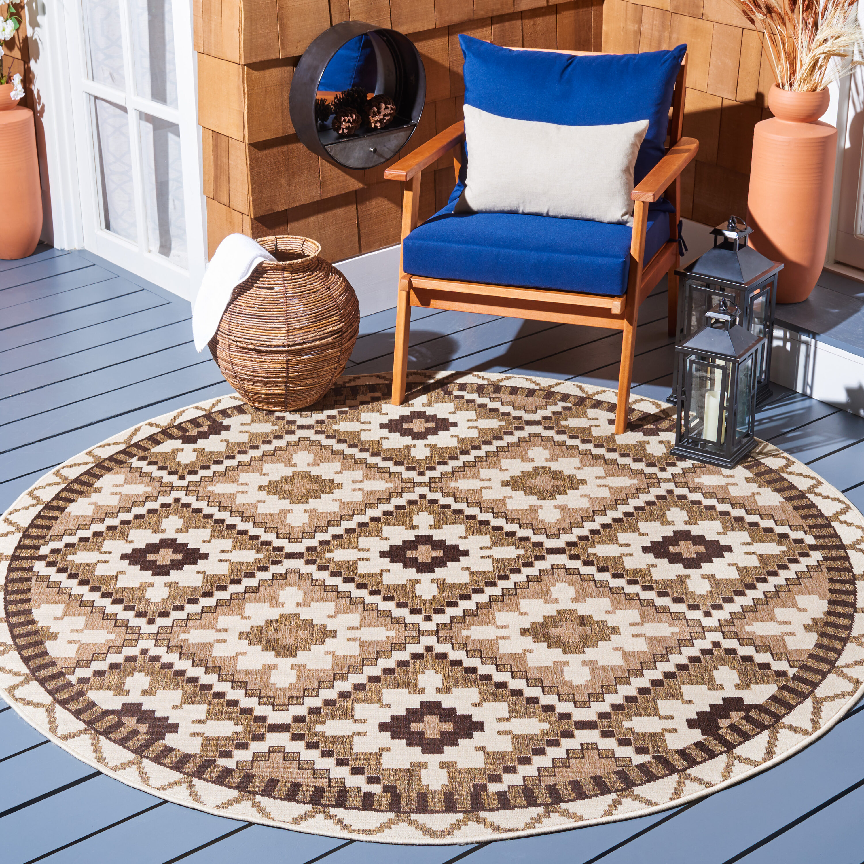 Safavieh VER096-0215-7R Veranda 7 x 7 (ft) Loomed Synthetic Creme/Brown Round Indoor/Outdoor Floral Southwestern Area rug