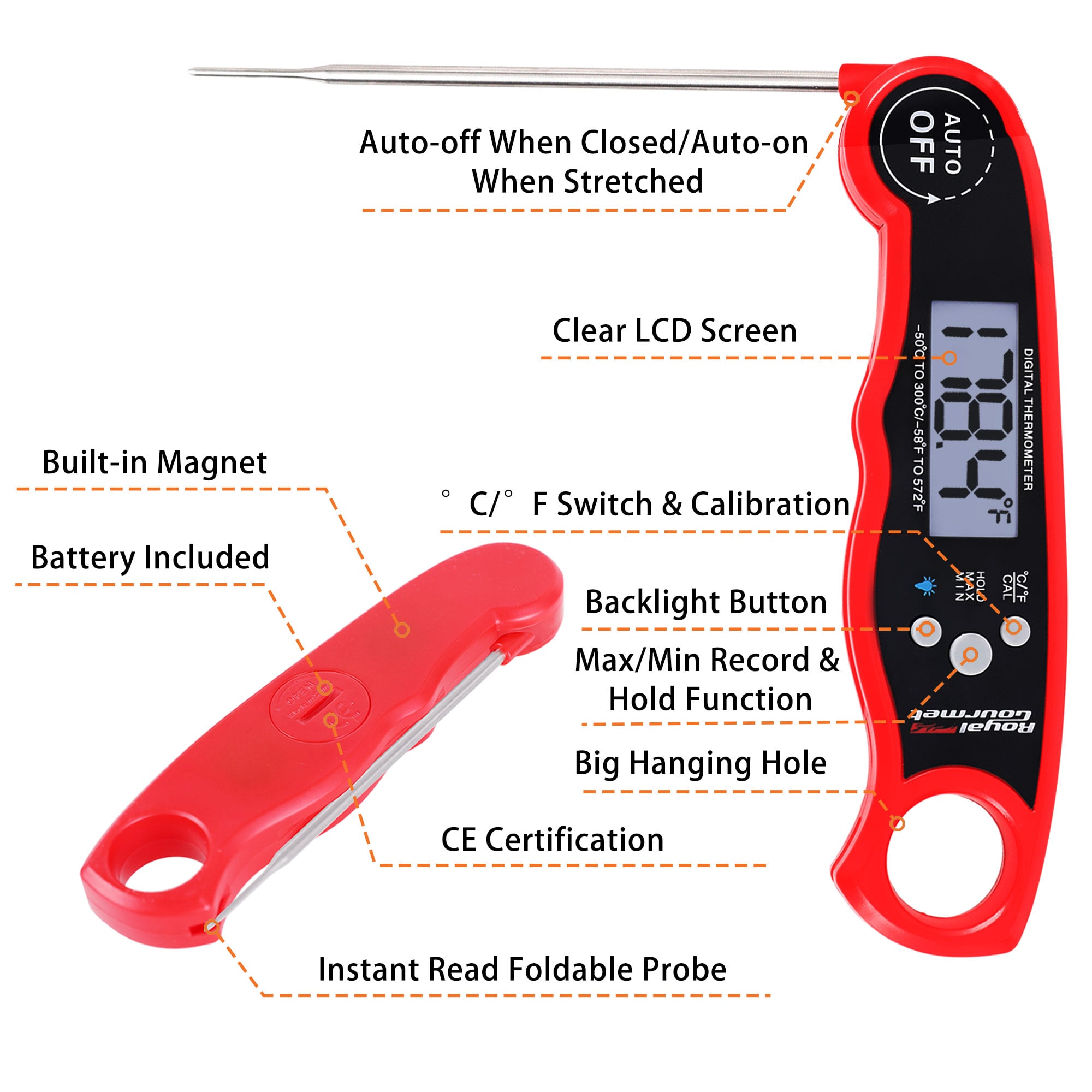 Royal Gourmet Instant Read Meat Food Thermometer, Waterproof