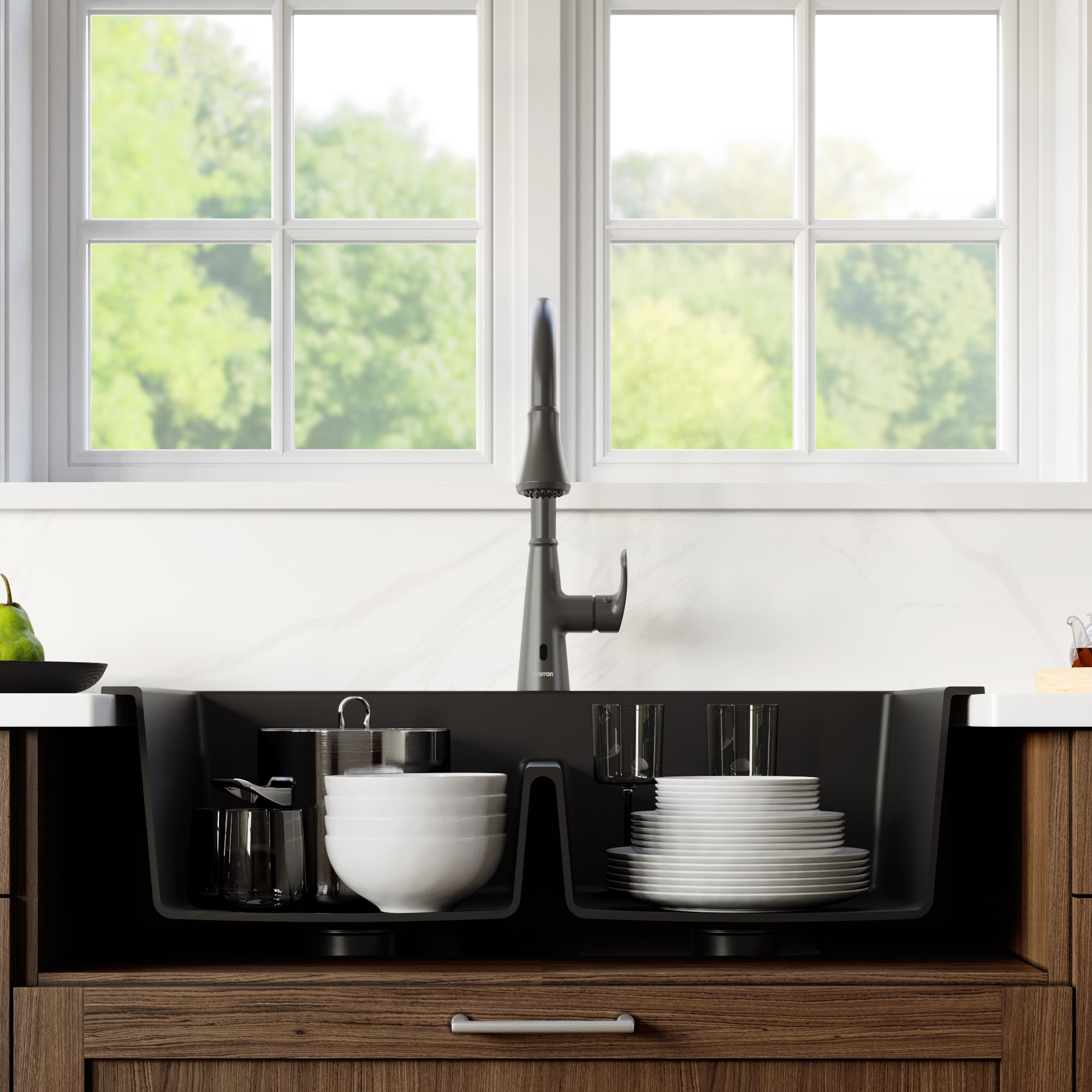 Black Quartz Kitchen Sink Double Bowl Drop-In Sink with Drain