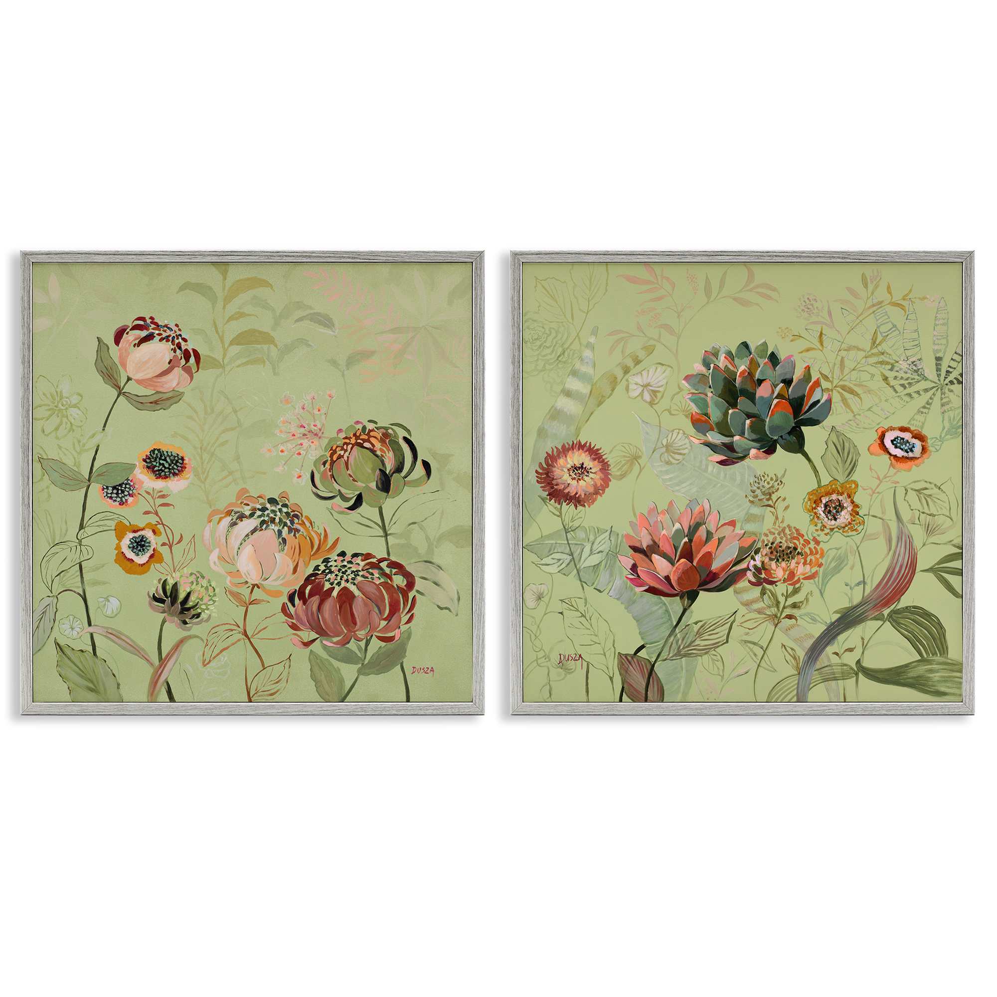 Stupell Industries B2-798-GFF-2PC-12X12 Chrysanthemums on Olive Green 2 Piece Gray Framed Giclee Art Set By Dusza 12 x 12