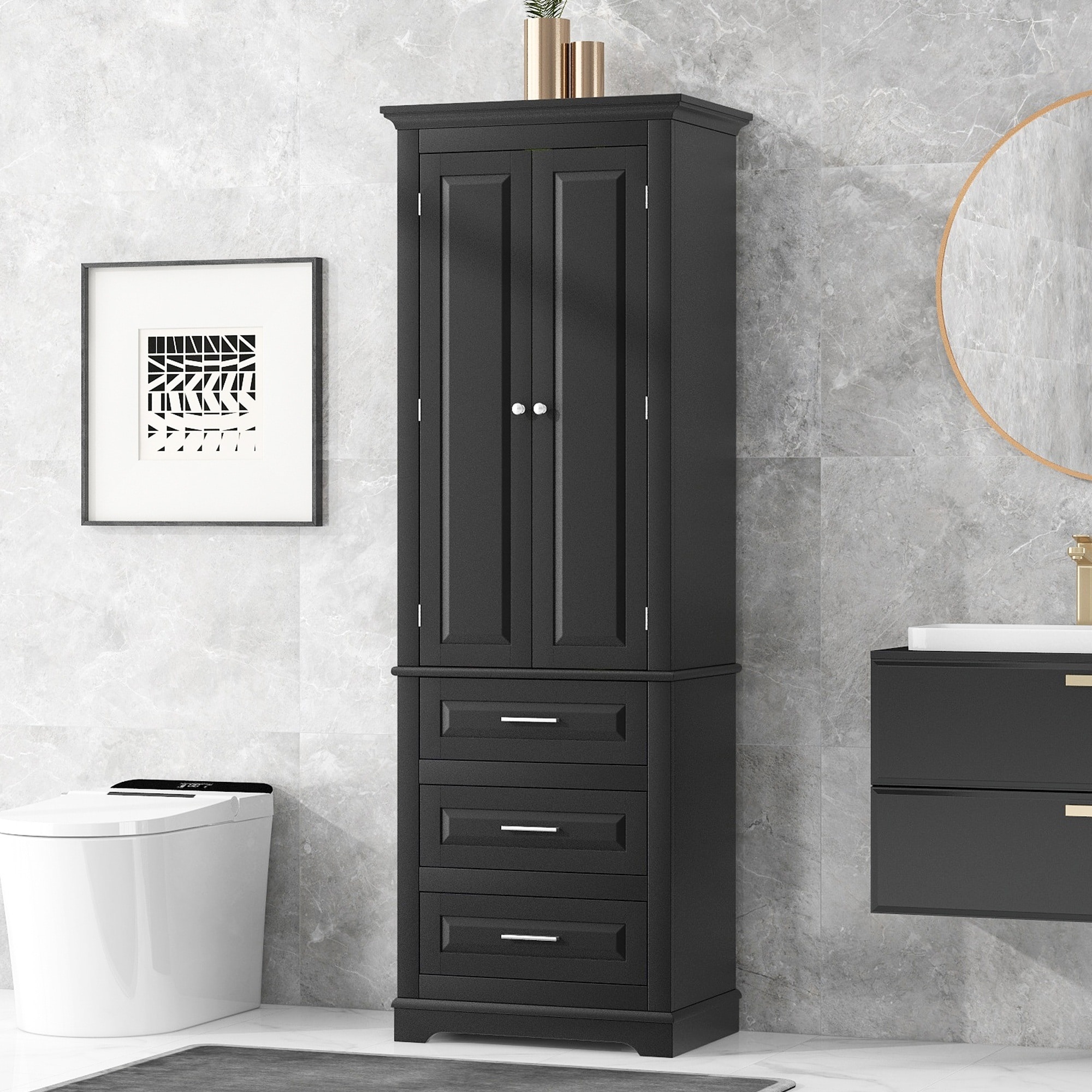 LIVACA 24 inch x 16 inch x 70 inch Black MDF Tall Storage Cabinet with Three Drawers and Adjustable Shelf