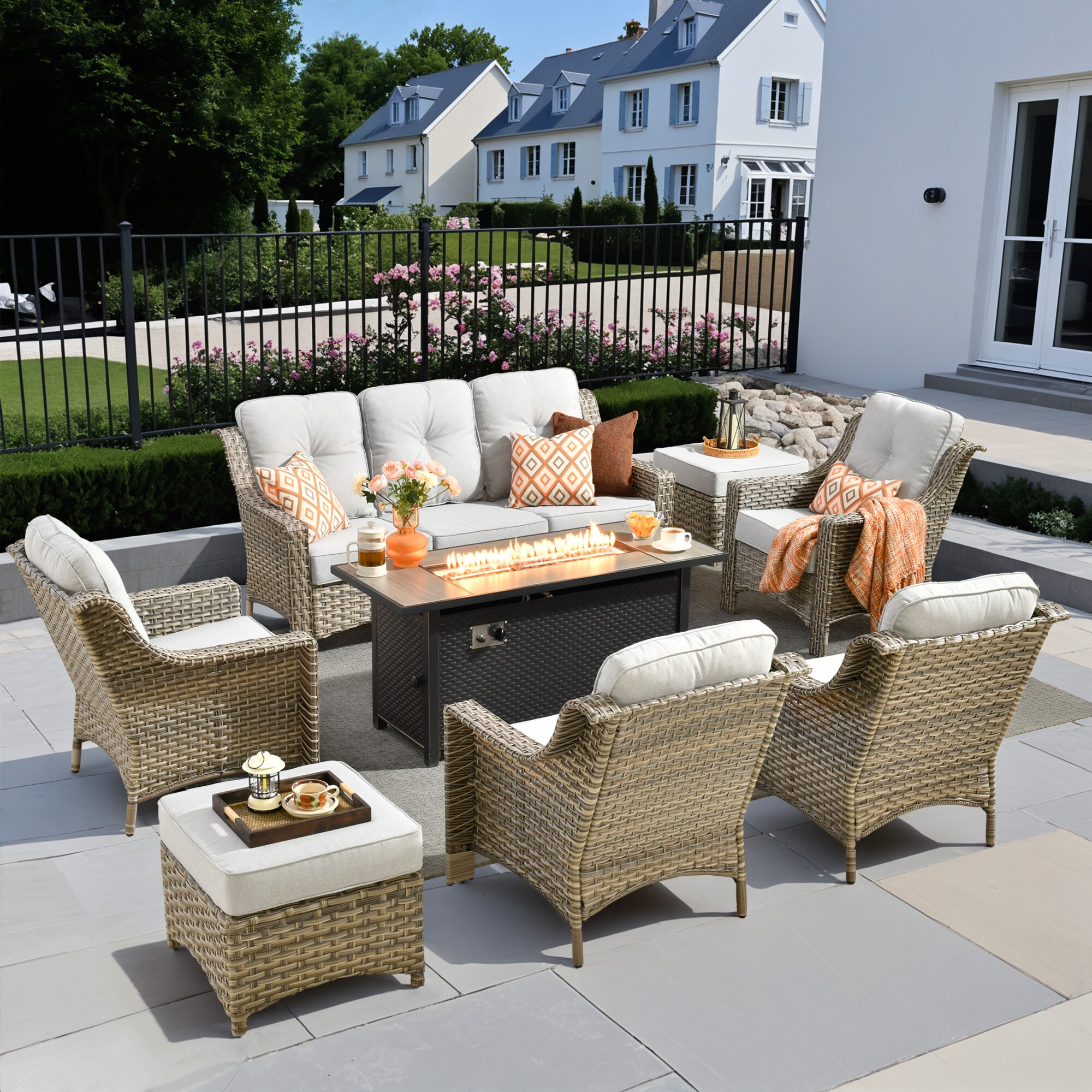 Pouuin SDFPAD408 8 -Piece Wicker Patio Sofa Conversation Set with Light Gray Cushions