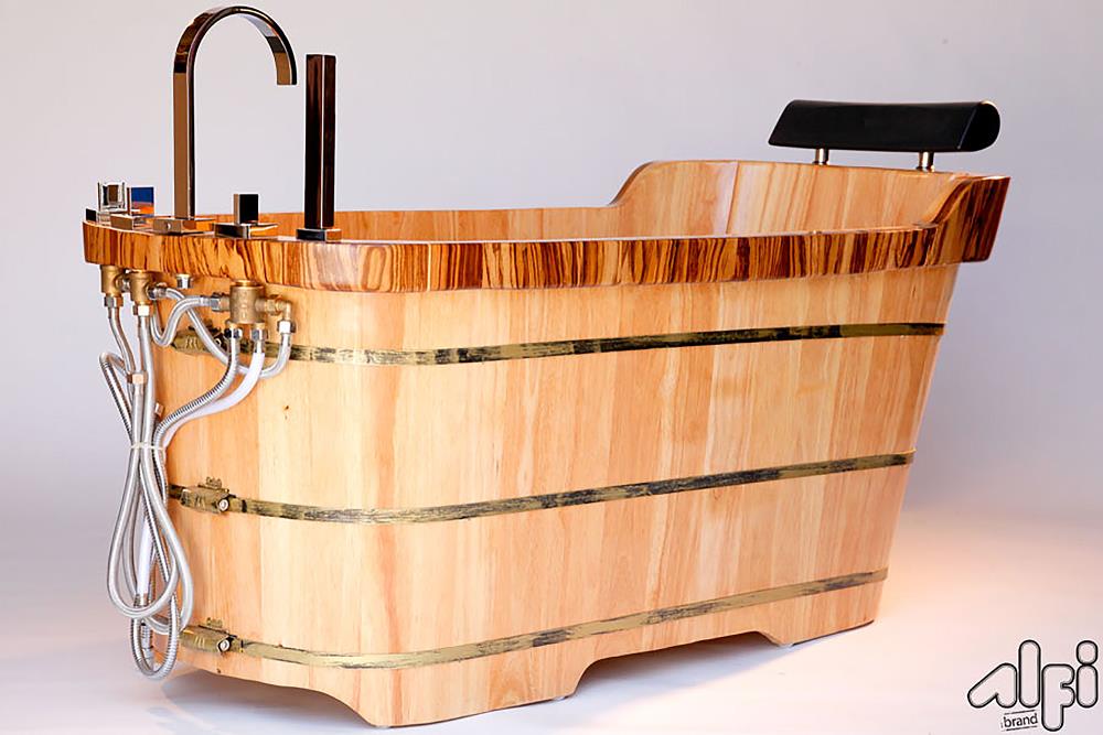 Natural Wood Freestanding Soaking Bathtub with Chrome Faucet