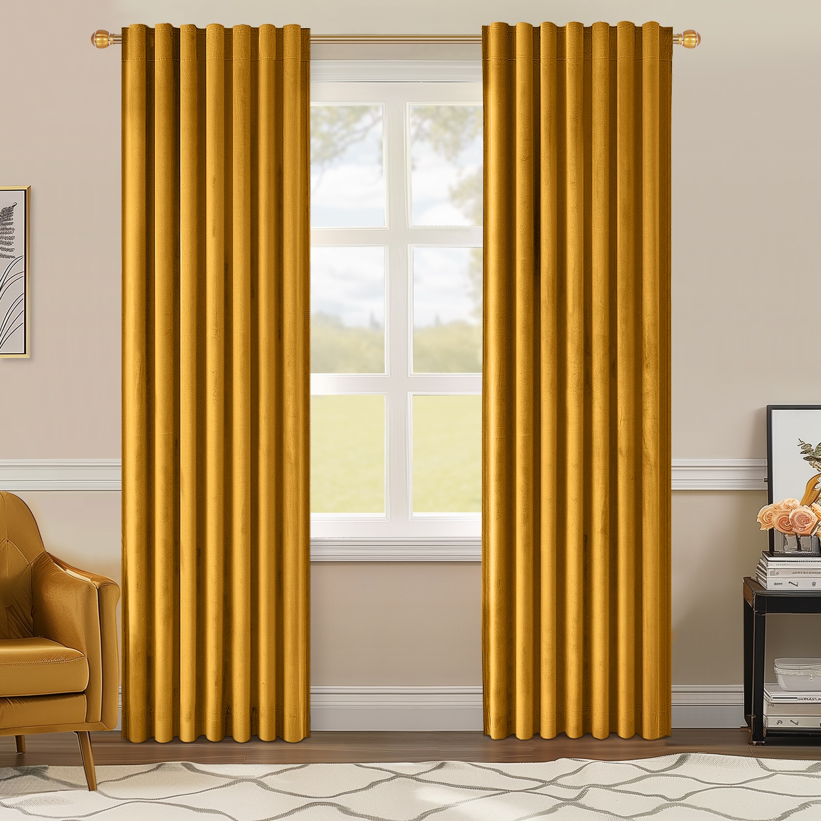Topfinel  90-in Mustard Yellow Full Blackout Velvet Back Tab Curtains panel pair
