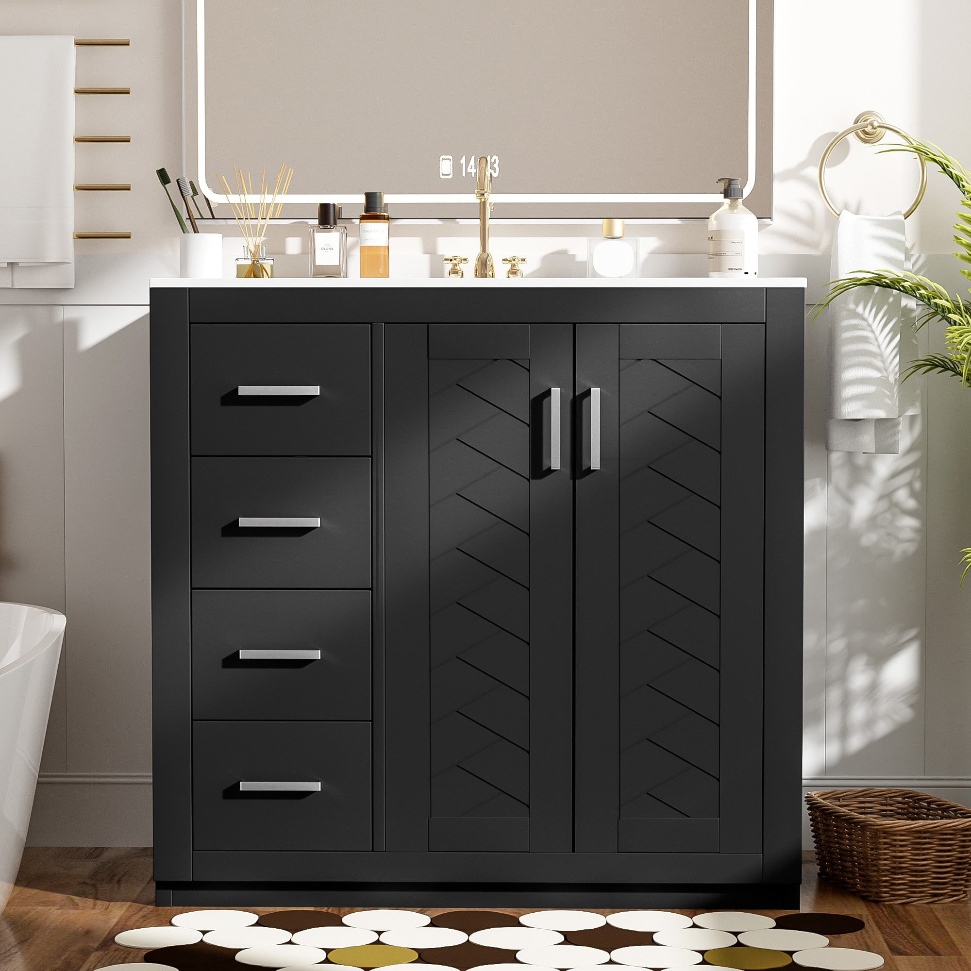 Dexmalle N710P291684B 36-in Black Freestanding Single Sink Bathroom Vanity with White Ceramic Top and Three Drawers