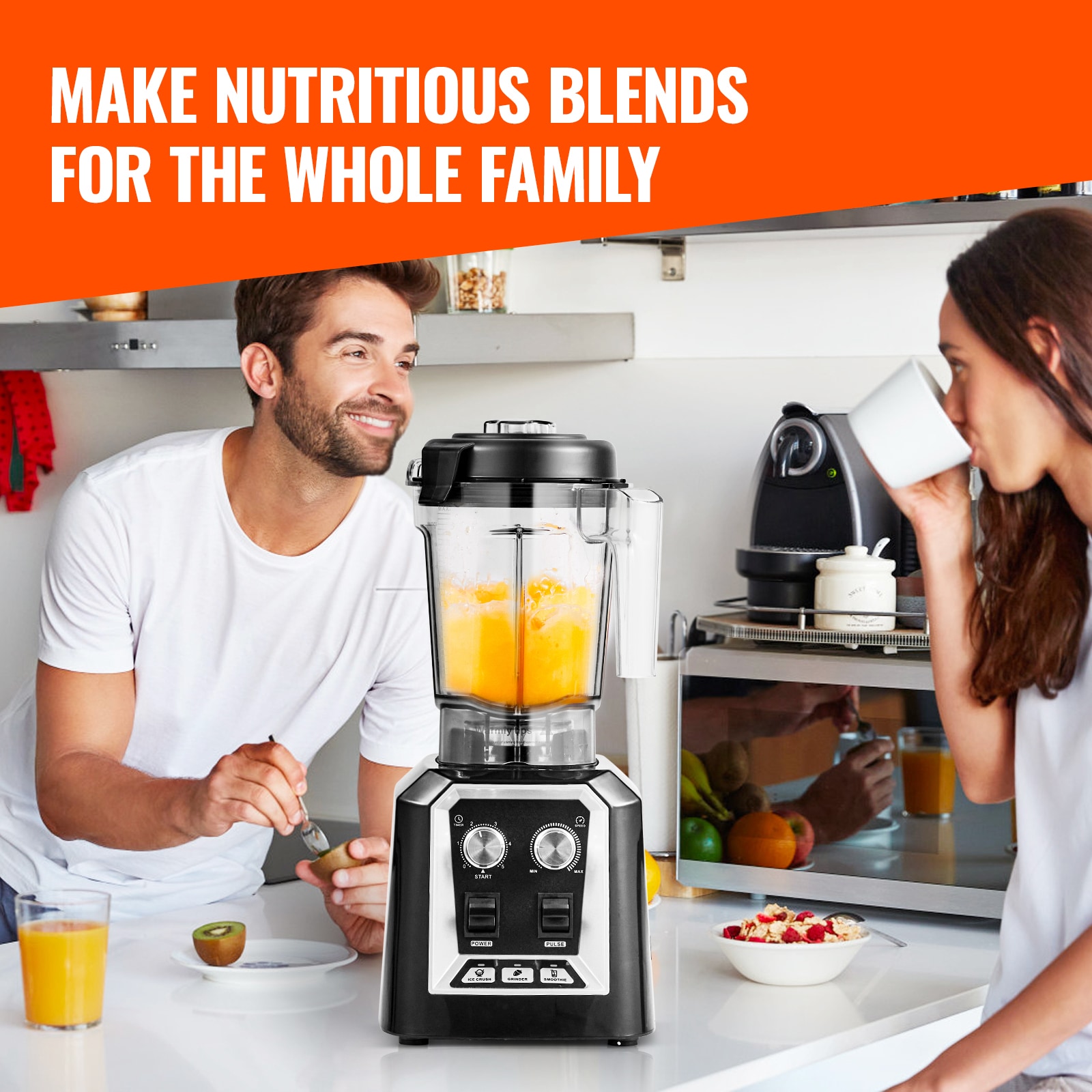 VEVOR Black Stainless Steel Commercial Countertop Blender with Variable Speed