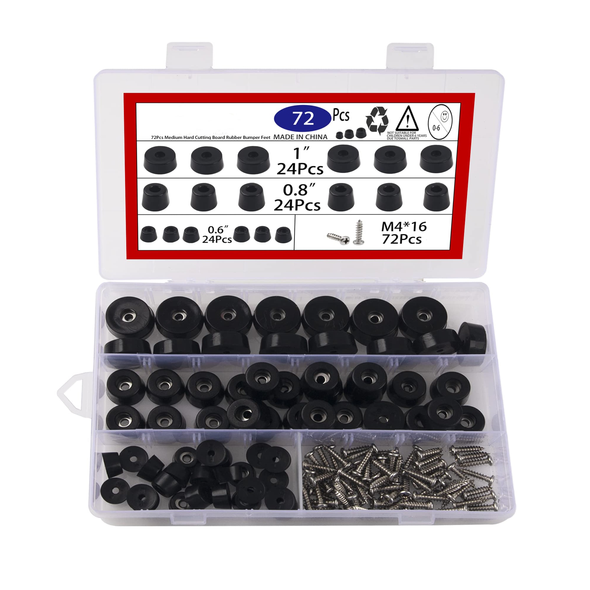 Etokfoks  72 Pack Medium Hard Rubber Cutting Board Bumper Feet with Stainless Washer Screws Kit 3 Sizes 0 6 in 0 8 in 1 in