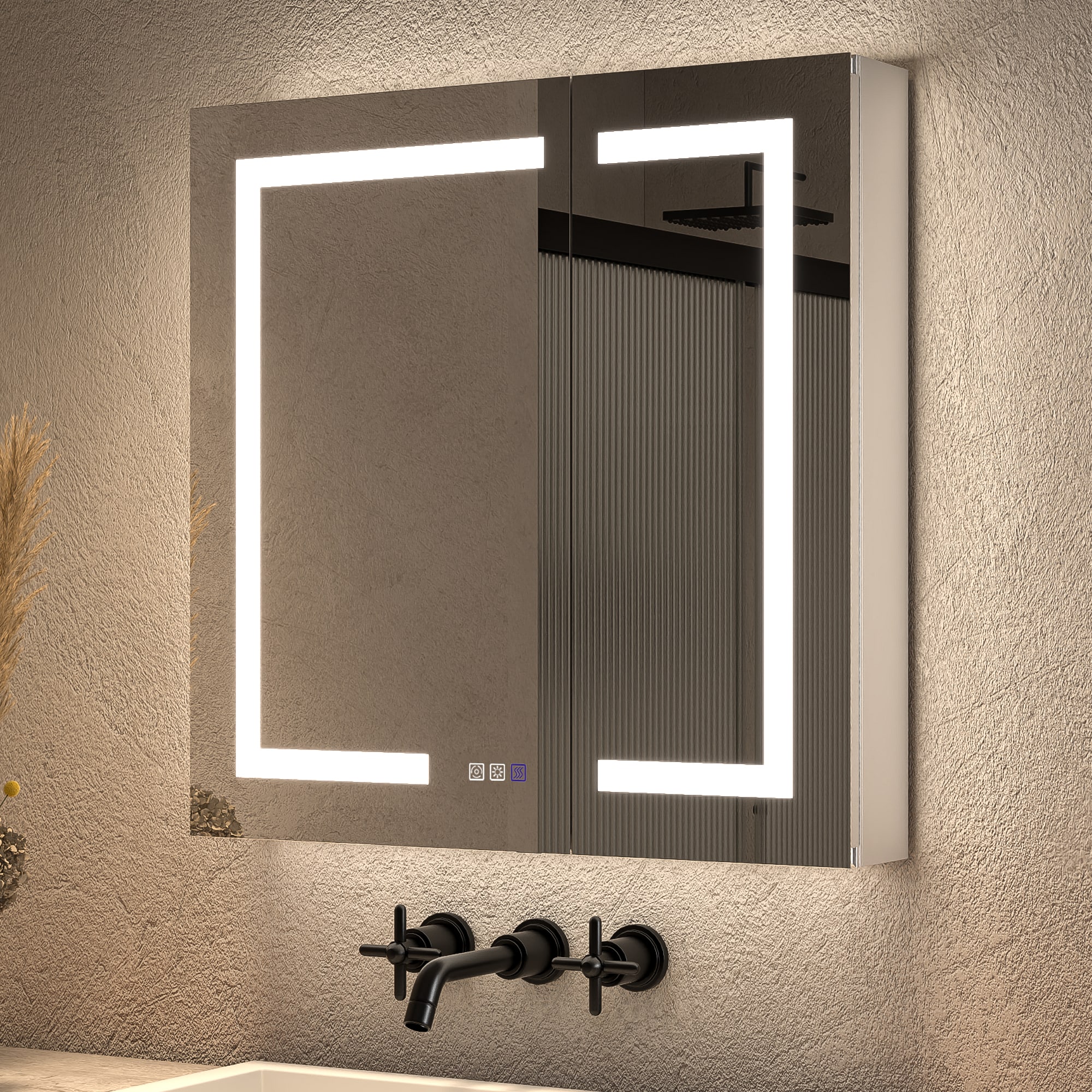 ExBrite LWSDHMC3030V3 Opale 30-in x 30-in Lighted LED Fog Free Surface/Recessed Mount Silvery Gray Mirrored Square Soft Close Medicine Cabinet with Outlet