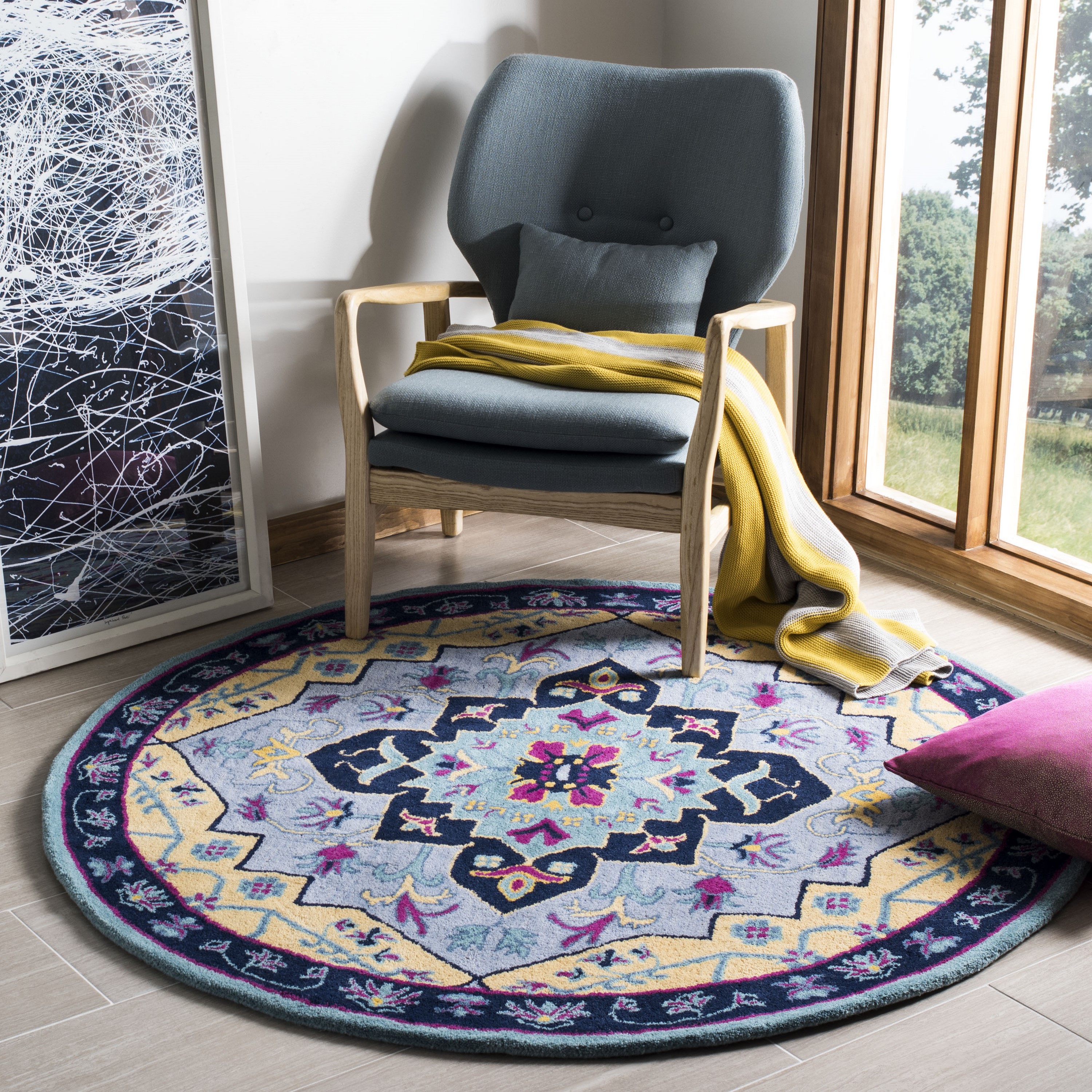 Safavieh BLG506B-5R Bellagio Palma 5 x 5 (ft) Tufted Wool Light Blue/Multi Round Indoor Floral/Botanical Farmhouse/Cottage Area rug