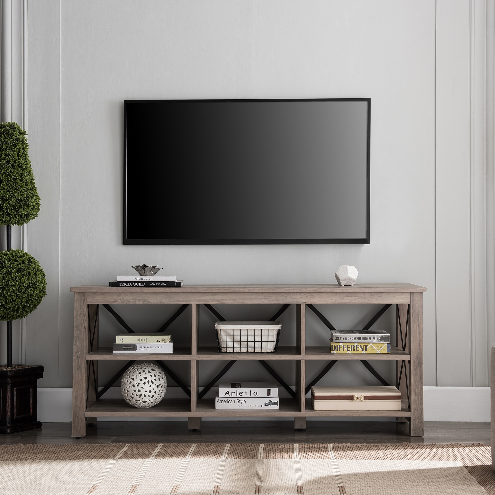 Sawyer Modern Farmhouse 58" TV Stand in Gray Oak with Black Metal Accents