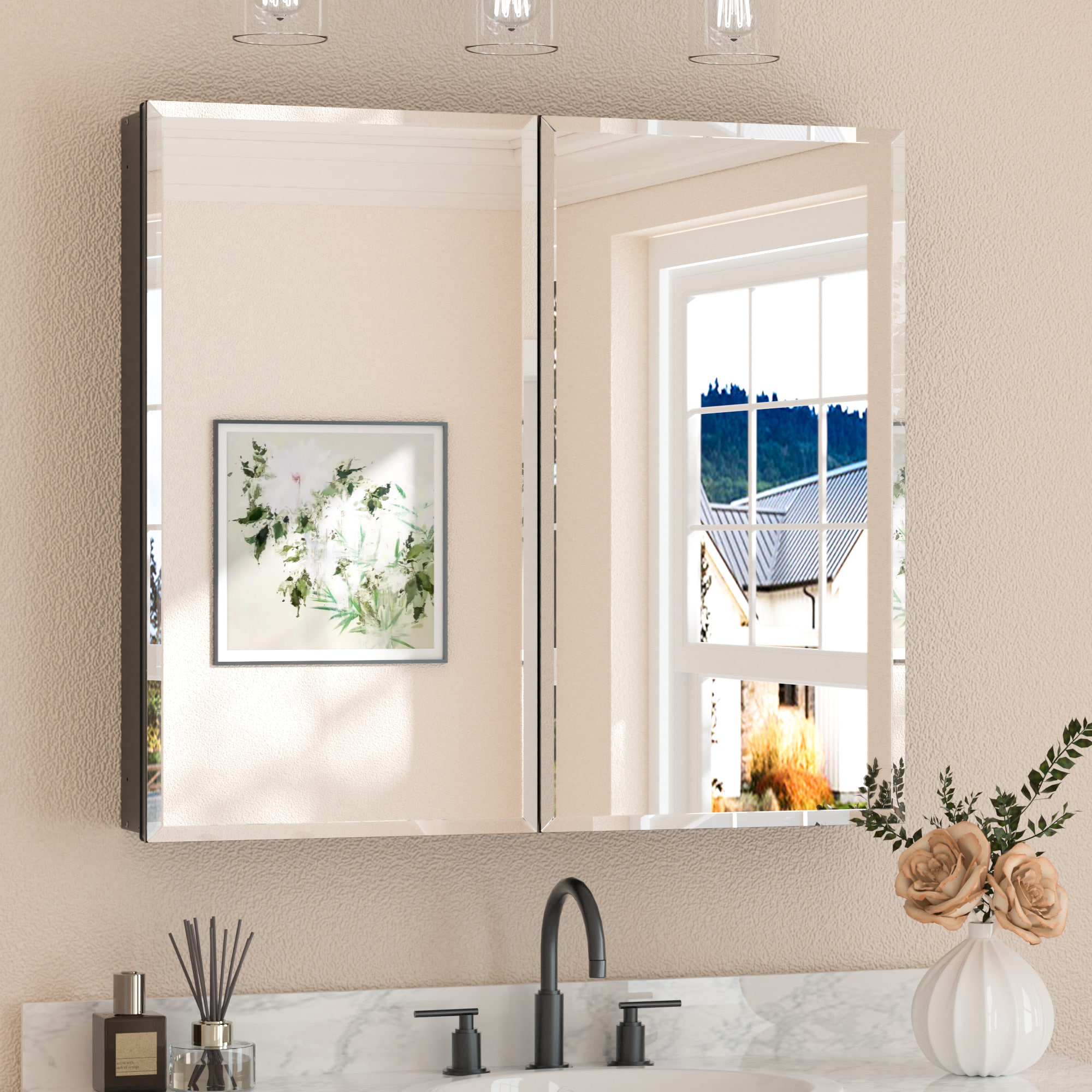 Keonjinn 36-in x 32-in Surface/Recessed Mount Black Mirrored Rectangle Soft Close Medicine Cabinet