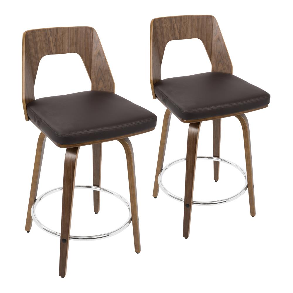 LumiSource B24-TRILOR WLBN2 Trilogy Set of 2 Walnut Wood, Brown Pu, Chrome 40-in H Bar height Upholstered Swivel Wood Bar Stool