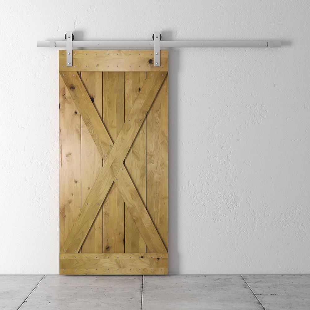 Urban Woodcraft 40-in x 83-in Kotty Alder Wood Crossbuck Prefinished Knotty Alder Wood Single Barn Door (Hardware Included)