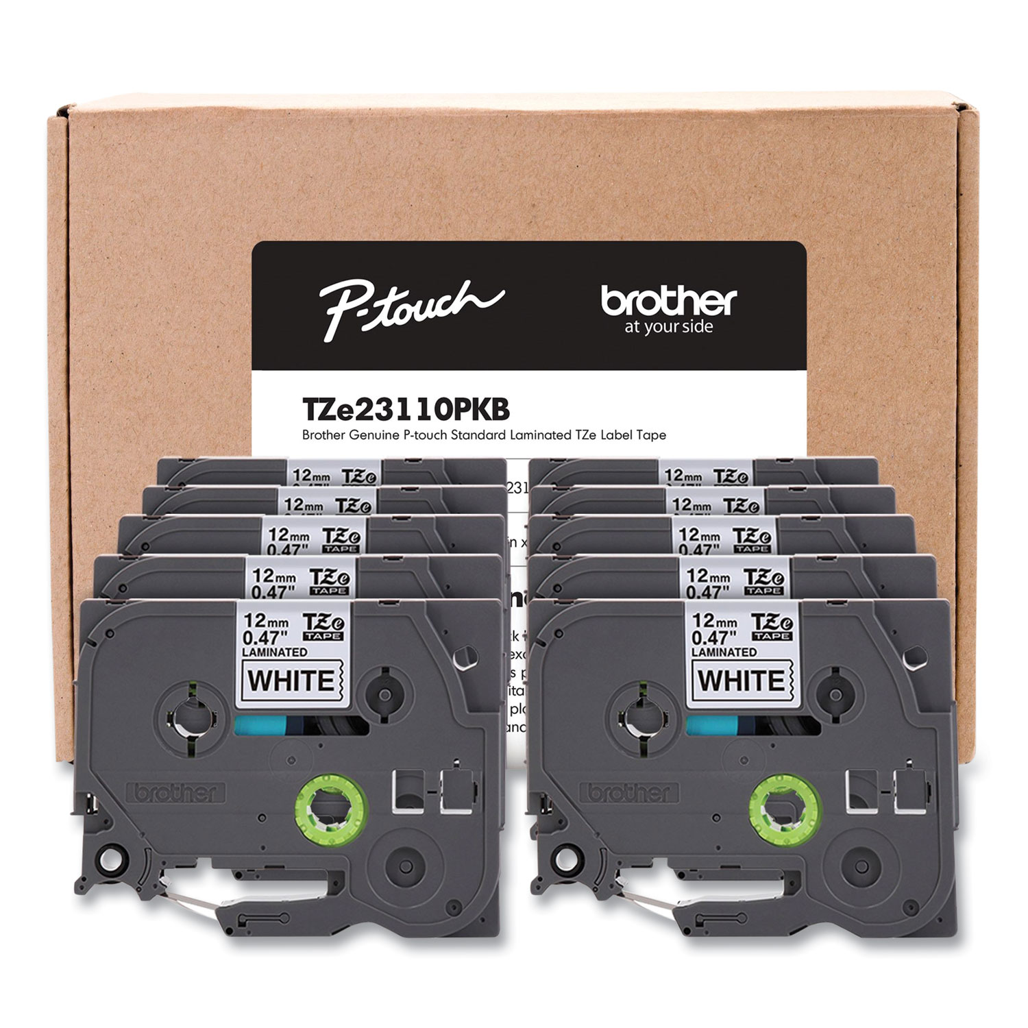 Brother TZe Series Standard Adhesive Laminated Labeling Tape 0.5 Black on White 10/Pack