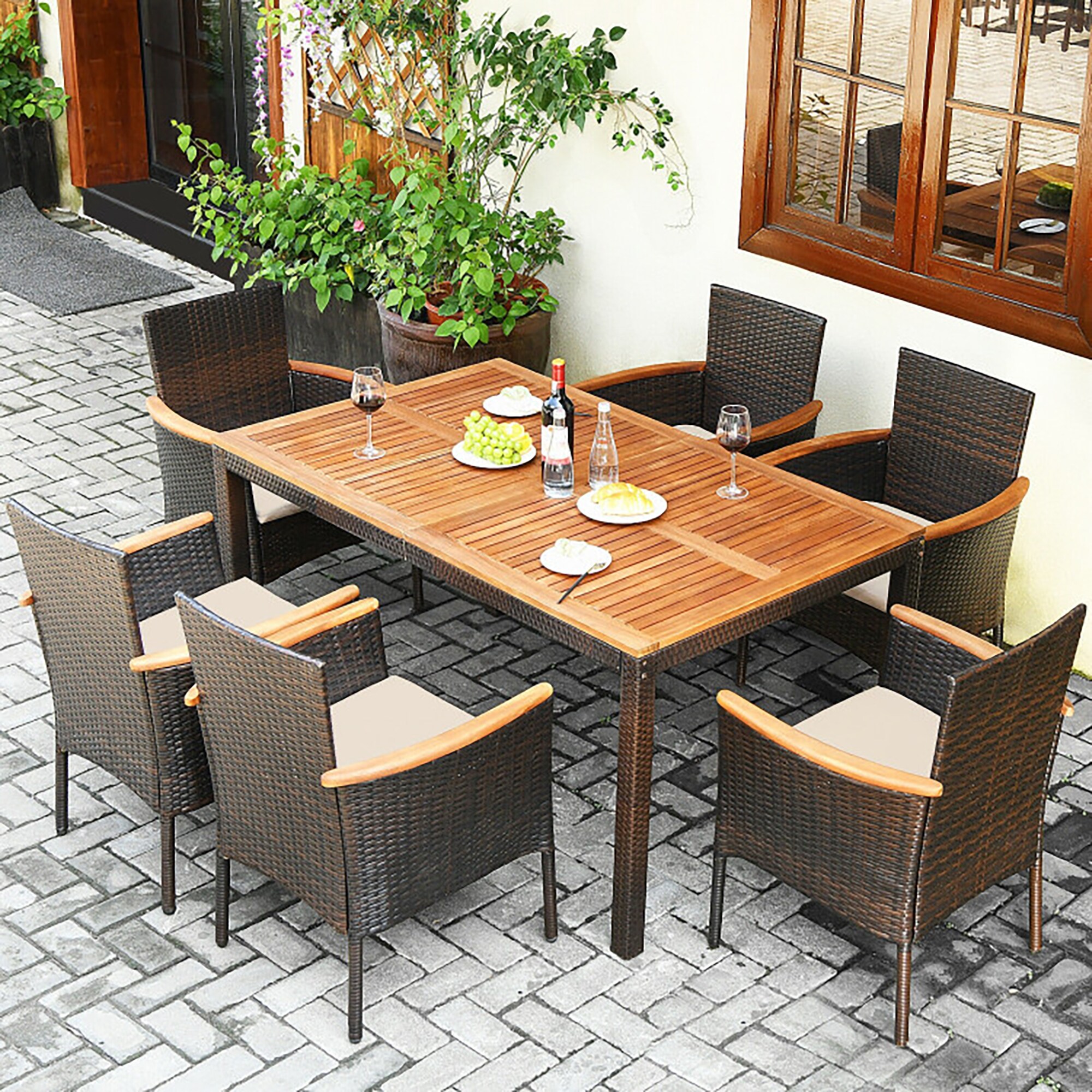 CASAINC Rattan Dining Set with Umbrella Hole 7-Piece Black Rattan Patio ...