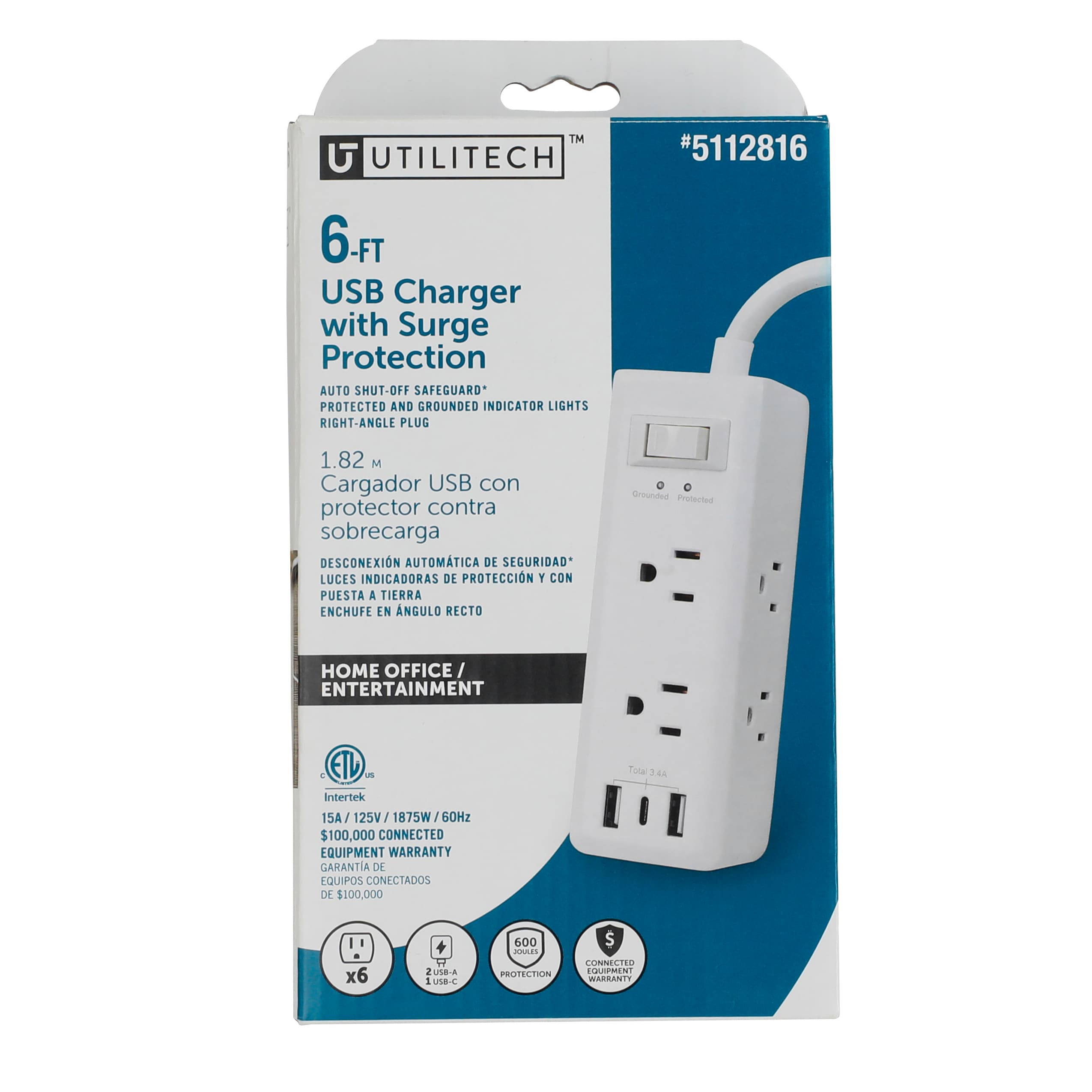 Utilitech UTPBUC032 6-ft Indoor 6 -Outlet 600 Joules 600 -Watts 600VA White Indoor USB AC Surge Protector