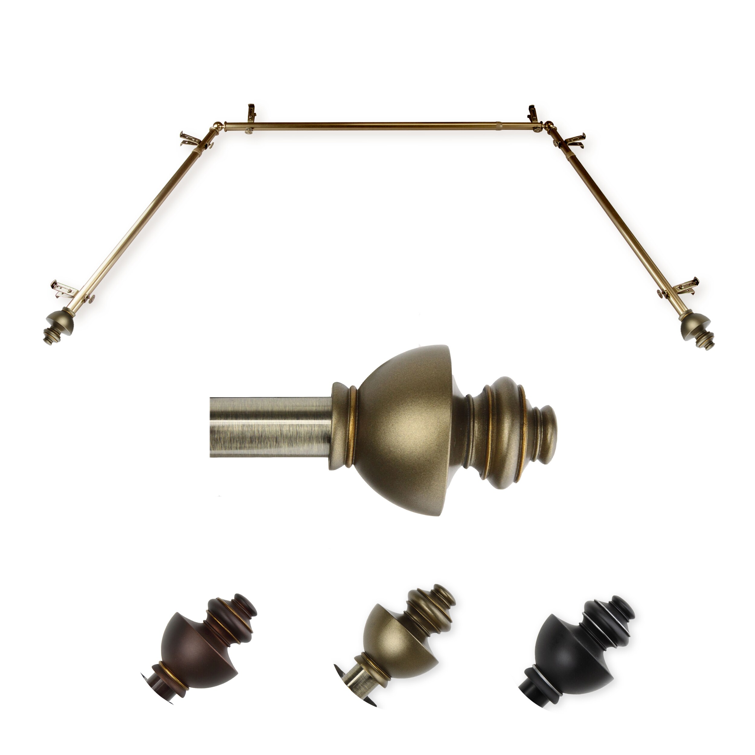 Hart & Harlow LO-ABAY-04-4 72-in to 144-in Antique Brass Steel Bay window curtain rod with Finials
