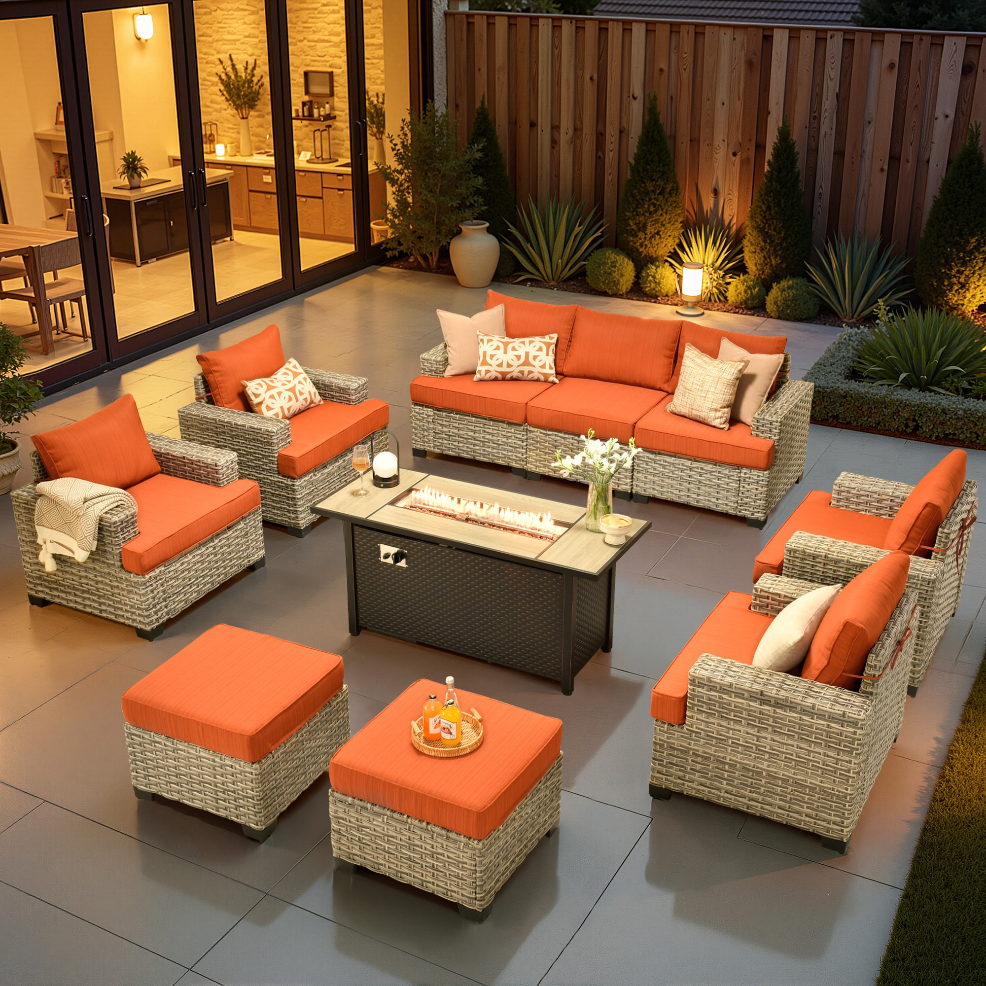 ALTRIGUS 6L-CFP8503-TBS810-AL 10 -Piece Wicker Patio Sofa Conversation Set with Orange Cushions