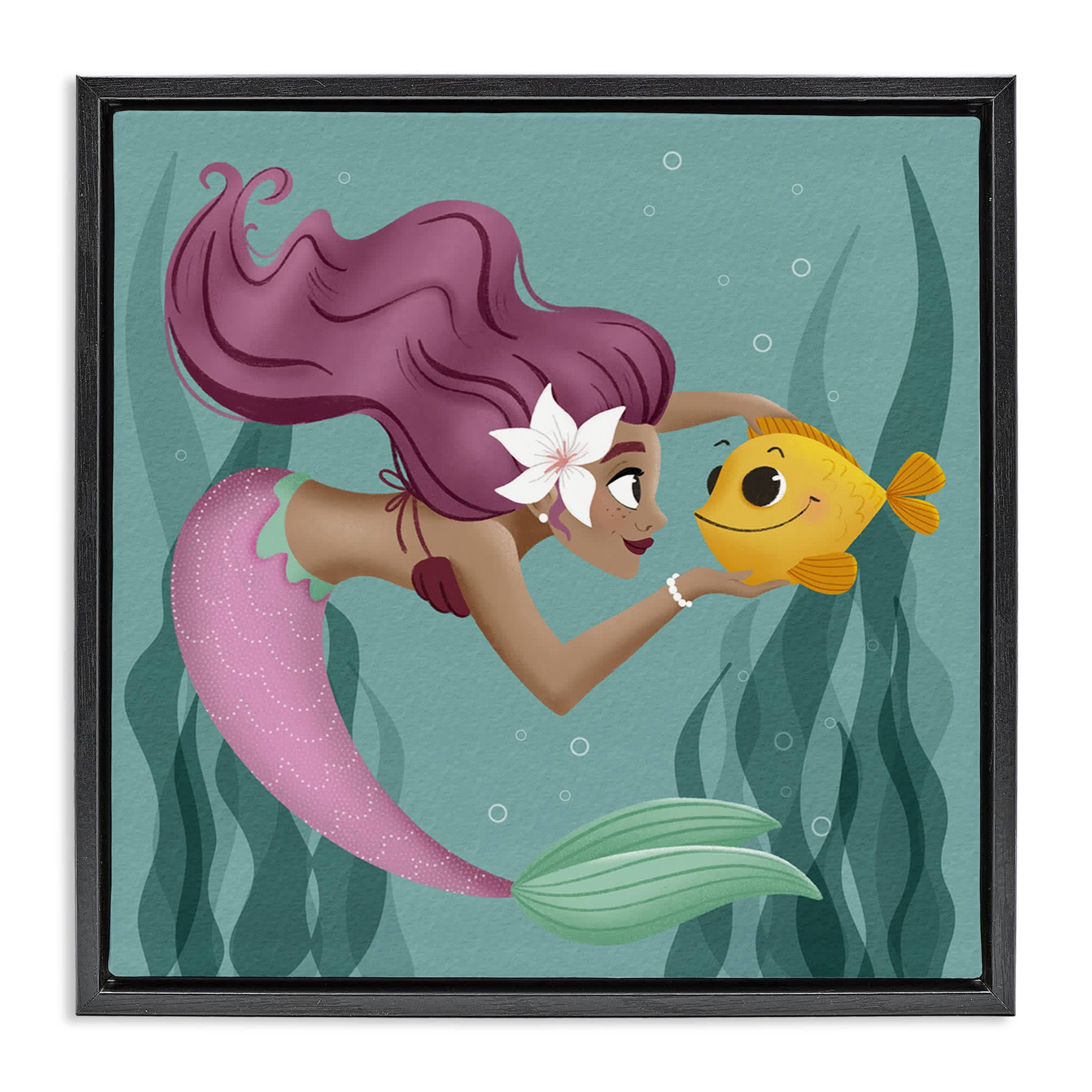Stupell Industries BT-428-FFB-24X24 Mermaid and Fish Friends Black Framed Floater Canvas Wall Art By Sarah Hickman 25 x 25