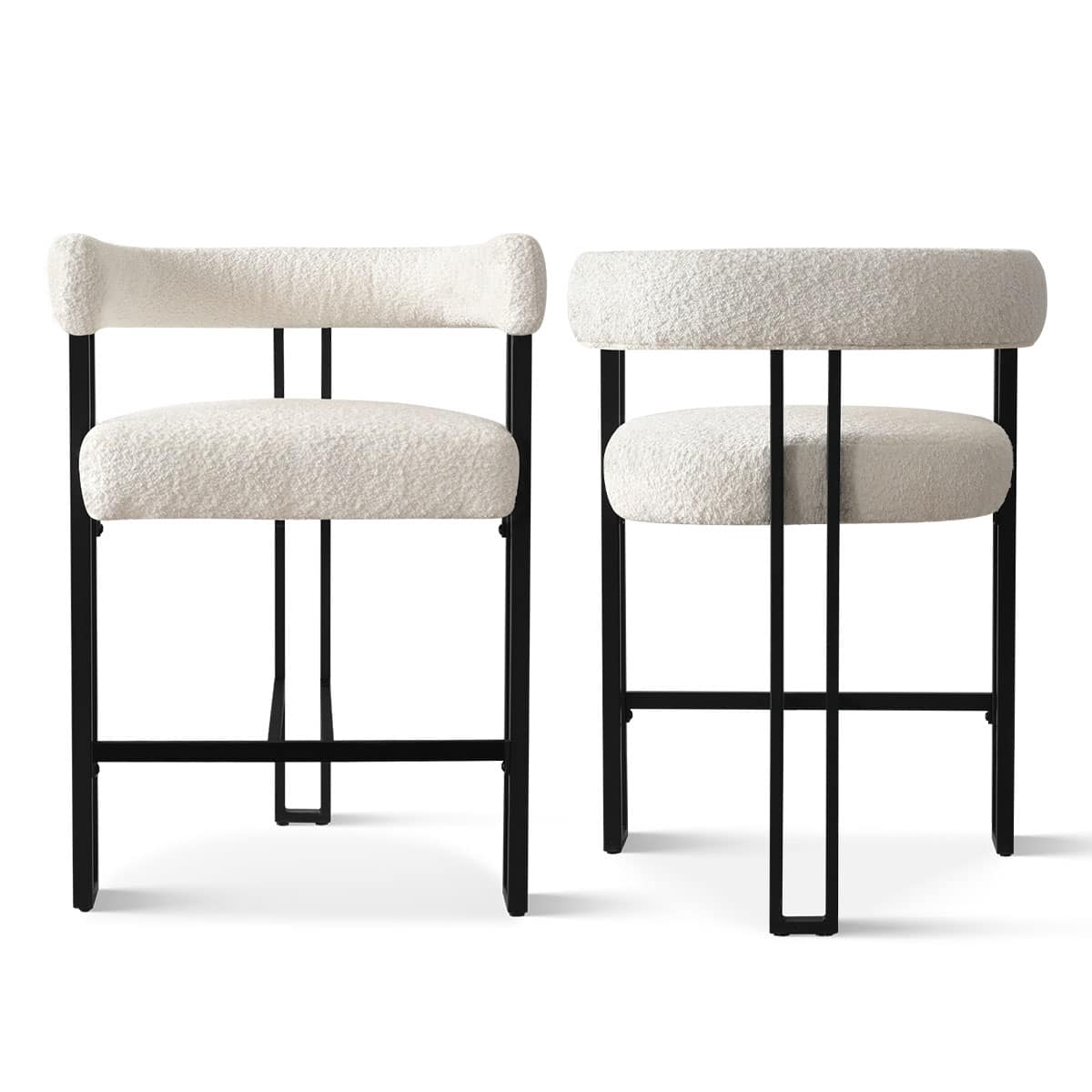 Maison Boucle MIA-C-BO-BEIGE-2PK Set of 2 Beige Boucle Counter Stools with Armrest and Curved Back for Kitchen Island or Dining Room