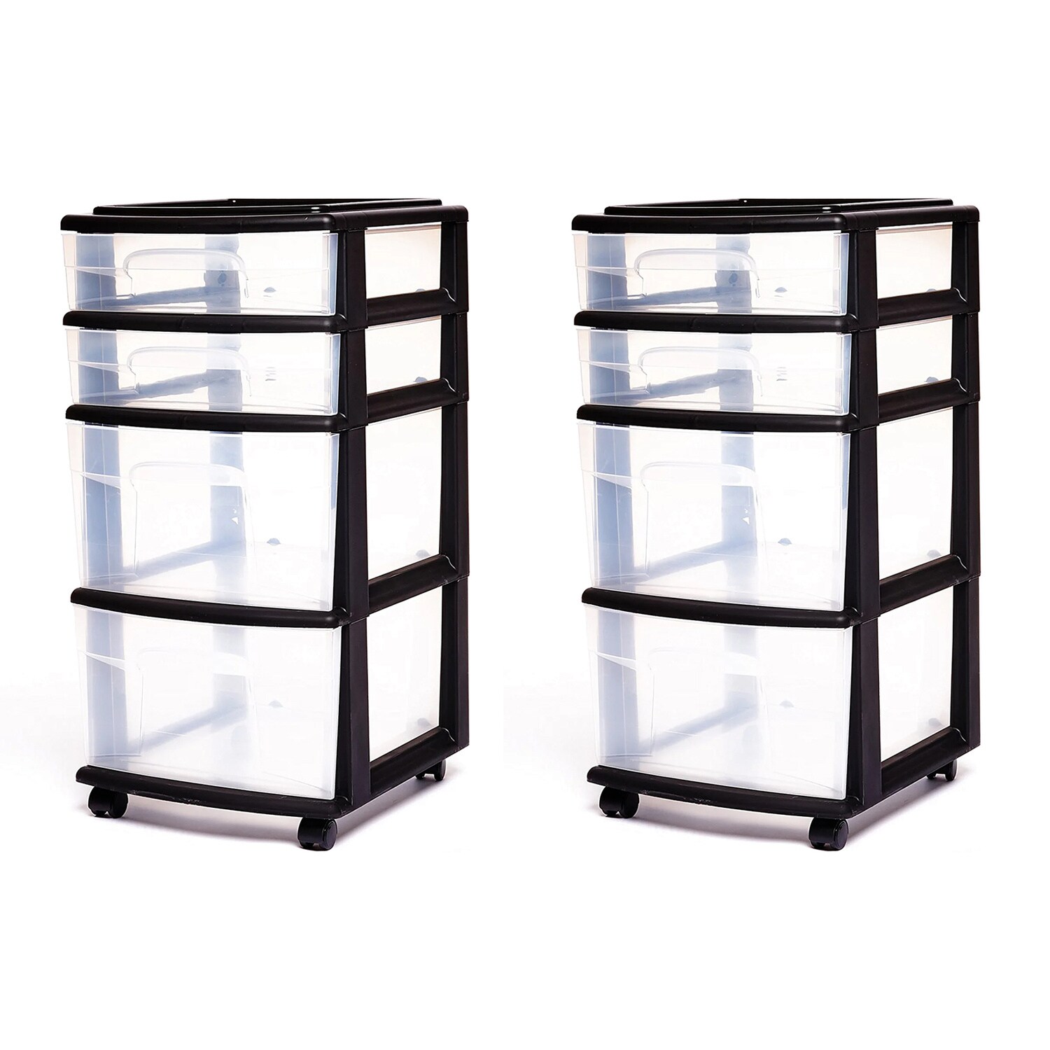 Homz Products 324369 2 -Pack 4 -Drawers Black, Clear Stackable Rolling Plastic Storage Storage drawer 25.5-Inches H x 14.25-Inches W x 12.5-Inches D