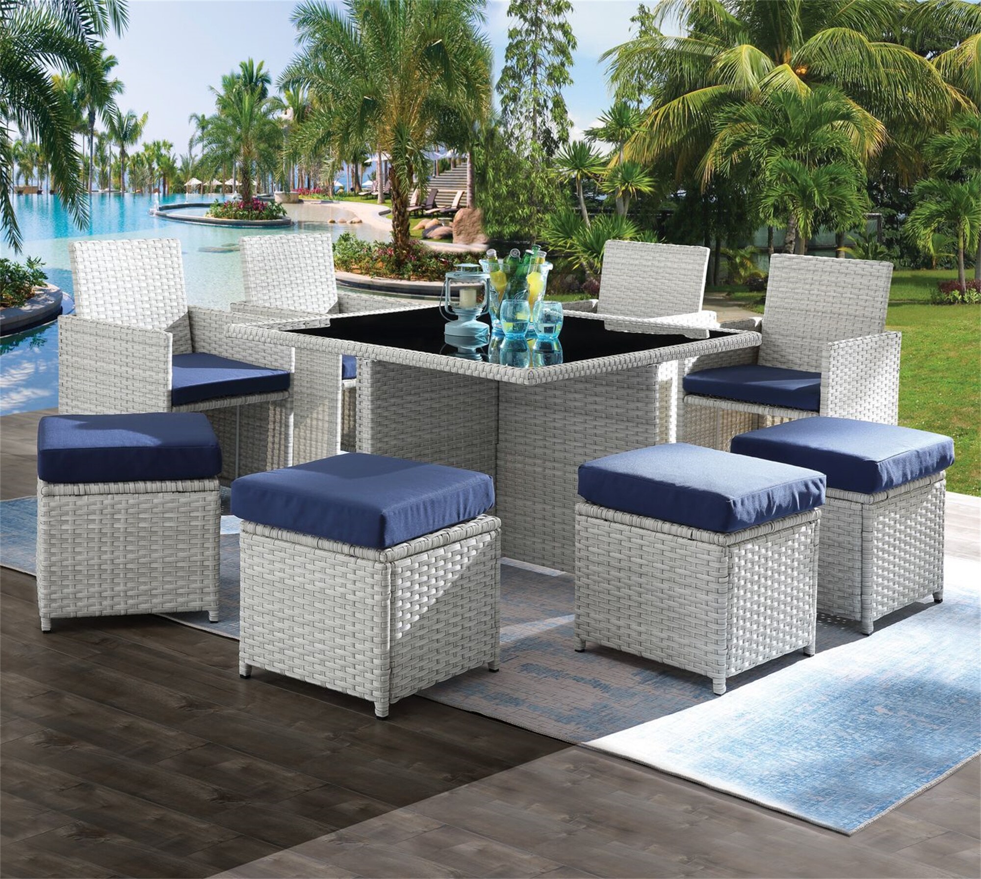 BABOOM BOM-0271ORUST Patio Dining Set 9 -Piece Gray Rattan Patio Dining Set Rattan Square Table with 4 Blue Cushions Stationary Chairs