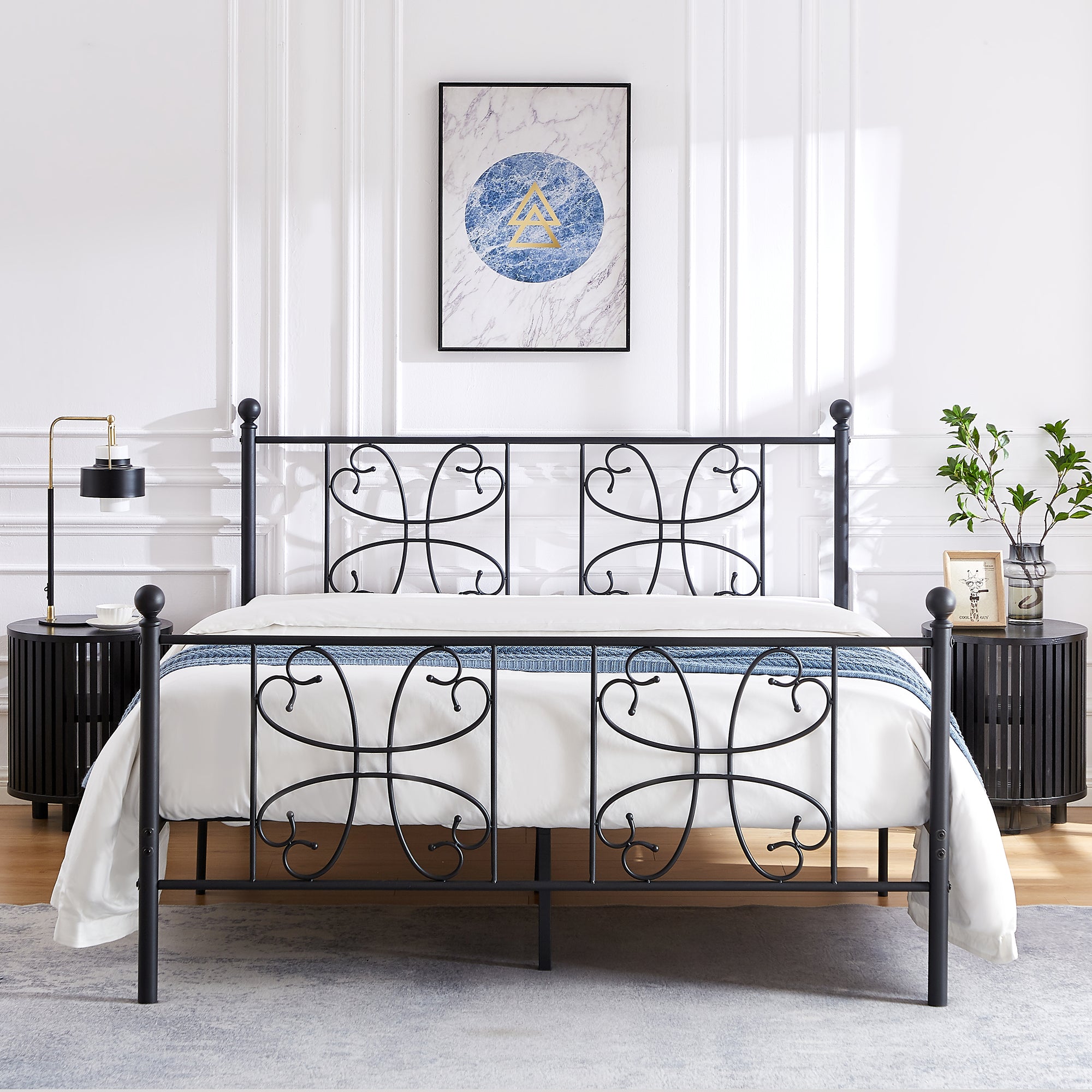 Vecelo LOE-YT-Q27 Metal Platform Queen Size Bed Frame Headboard and Footboard with Heavy Duty Support Black