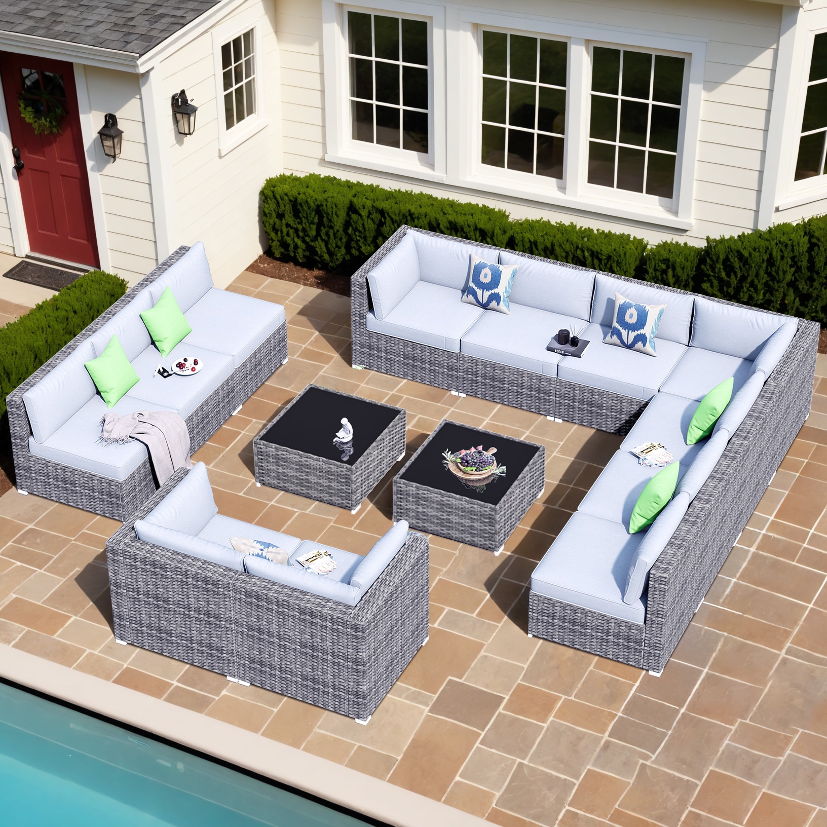 Pouuin SHOP4014 14 -Piece Wicker 2 Patio Sofa Conversation Set with Gray Cushions
